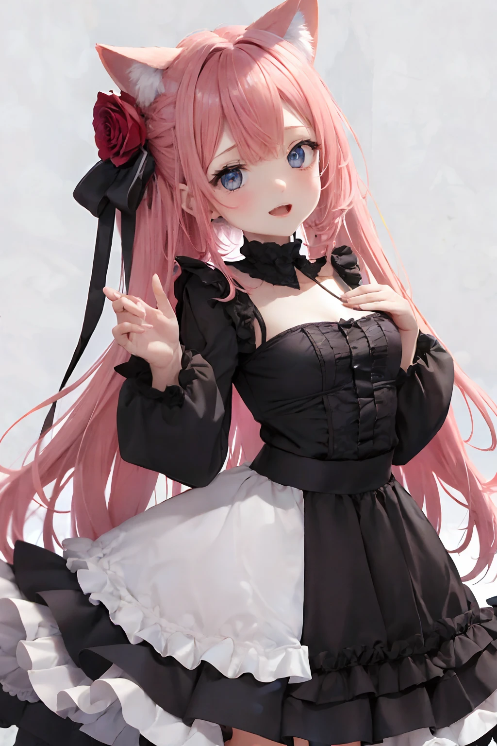Cheveux roses, yeux bleus pâles blancs, yeux rouges pupilles, visage mignon, fille rose aux oreilles de renard, rire avec une épée dans les mains