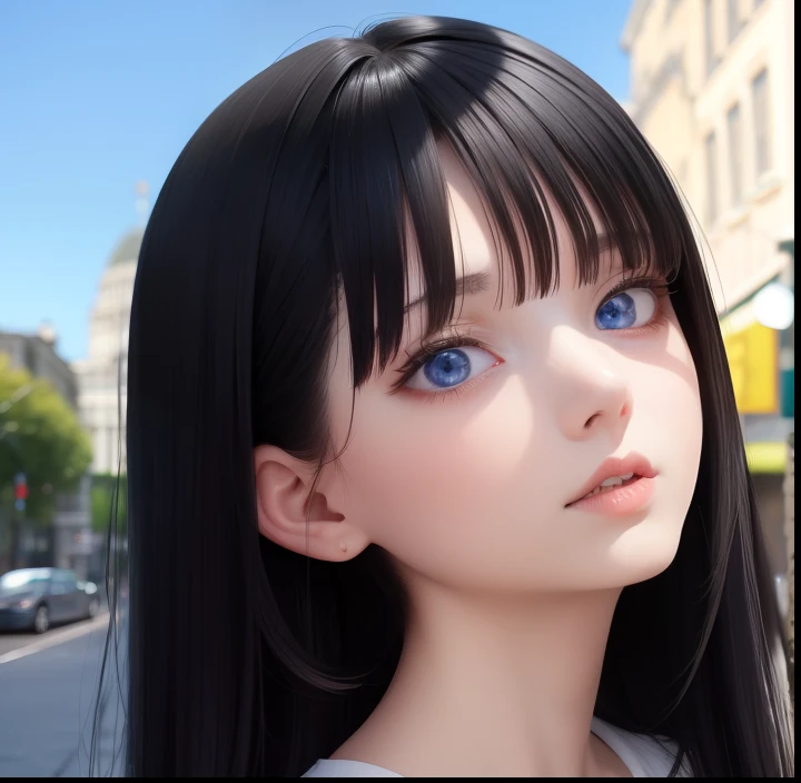 best quality, masterpiece,Black hair, blue eyes, looking up, upper body