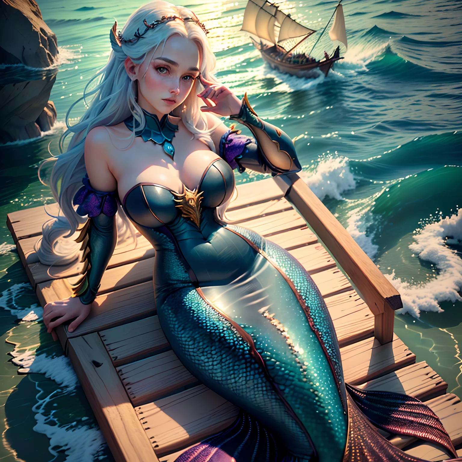 full shot body, (Mermaid), Fishtail, Scales,beautiful face,nature magic, medieval era,(extremely detailed CG unity 8k wallpaper), perched on a stone, with the sea and the tattered sailboat behind her, the sea filled with fire, moonlight, high detail, masterpieces, (HDR)(film lighting)(sharp focus), masterpiece, best quality, (extremely detailed CG unity 8k wallpaper), (best quality)