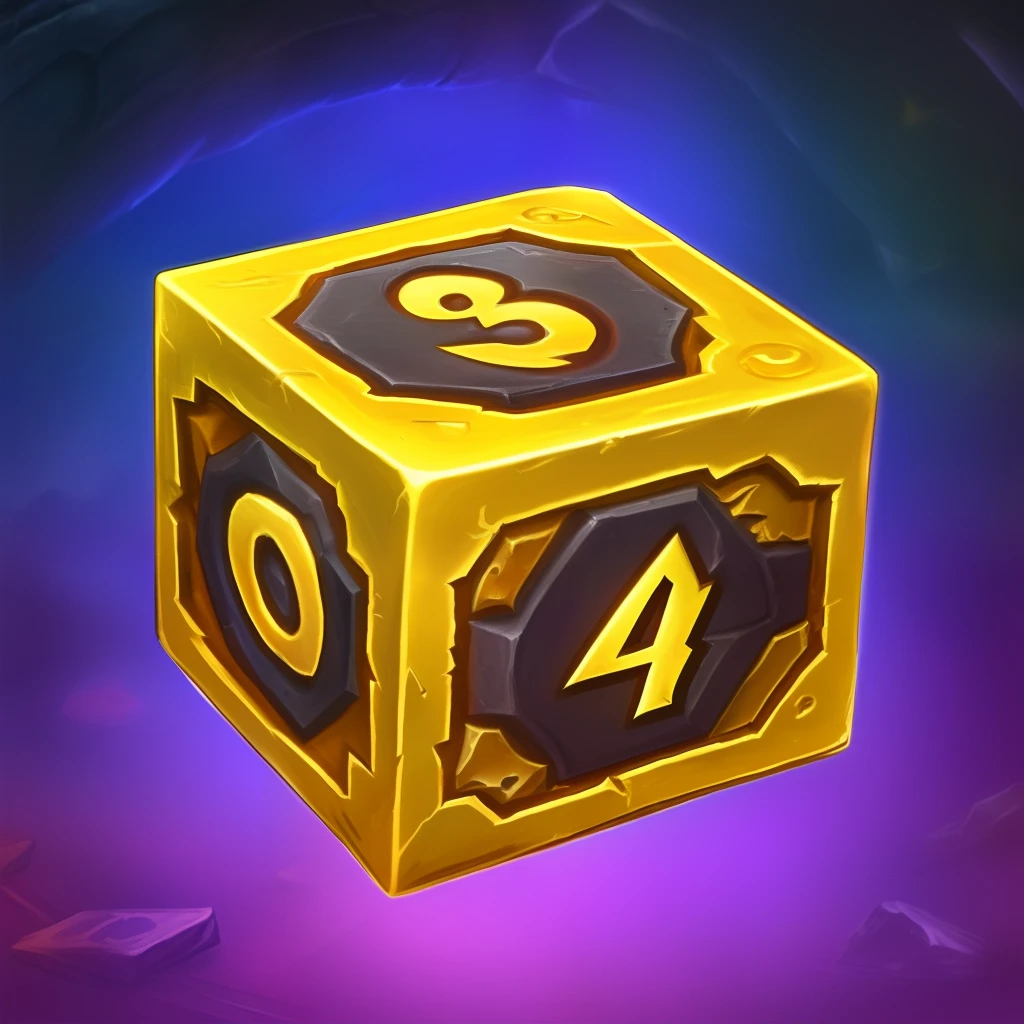 A golden dice, Hearthstone style game icon, high quality, wear marks, strong gold texture, color gradient, color comfort, hand-painted feel, amazing detail