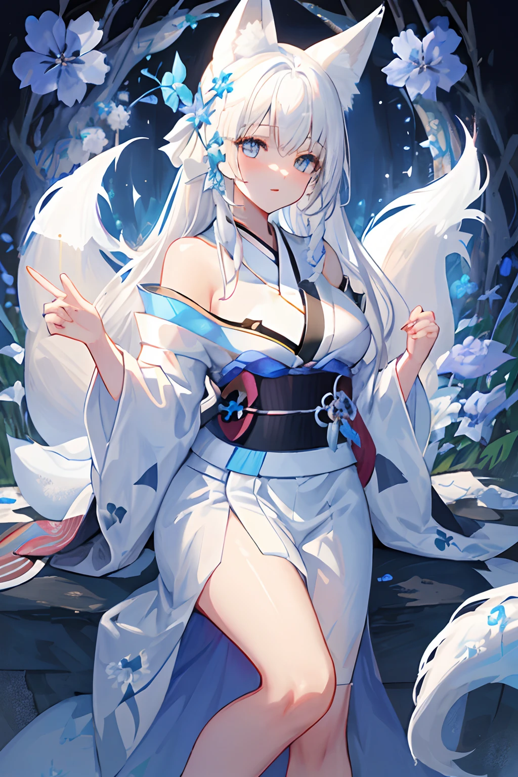 (finely detailed beautiful eyes and detailed face,masterpiece sidelighting,masterpiece,best quality,detailed,high resolution illustration),
(1girl,whole body,bishoujo,lustrous skin,looking down,looking at viewer),
(white hair, layered_kimono,kimono_pull,layered_kimono,large breasts, off shoulder,long hair,blue eyes:1.5),(white fox ear,white fox tail:1.5),blue flower,