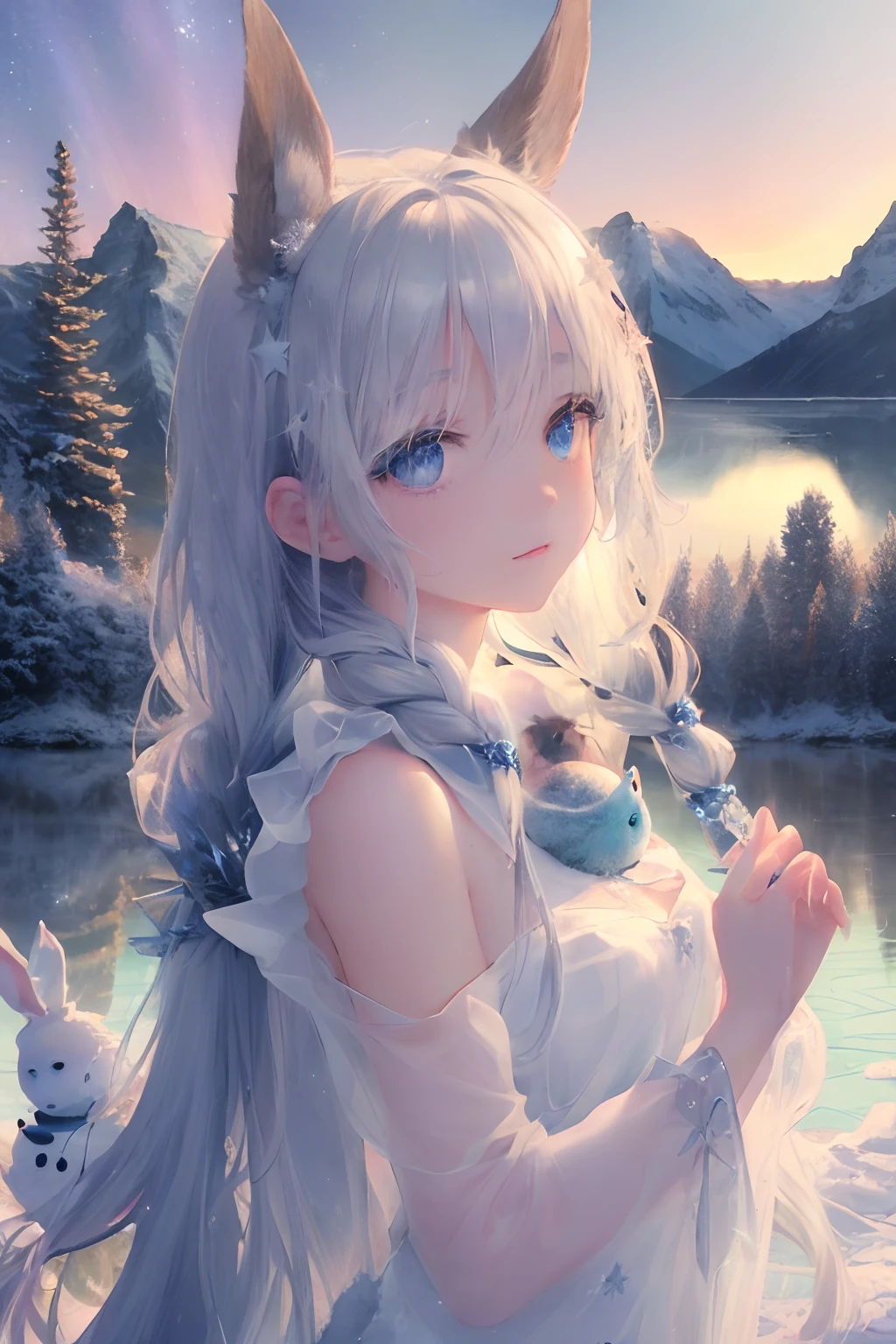 art by Cornflower, dreamy
(original, (masterpiece), (illustration:1.1), (detailed and beautiful), (perfect details), (unity CG 8K wallpaper:1.05), (beautiful and clear background:1.25), (depth of field:0.75), (1 (cute young girl:0.9) with long silver hair, ((snowflake:0.4) head ornament on hair:1.1) and (rabbit ears:1.1) stands aside the (frozen lake with (forest and mountain:1.1):1.35) under the (sunset:1.2) in the (winter:0.65):1.1). (detailed beautiful eyes:1.2), (beautiful face:1.2), (hair blowing with the wind:1.05), (blue eye:1.1), solo, (snow:0.4), aurora, stars.)