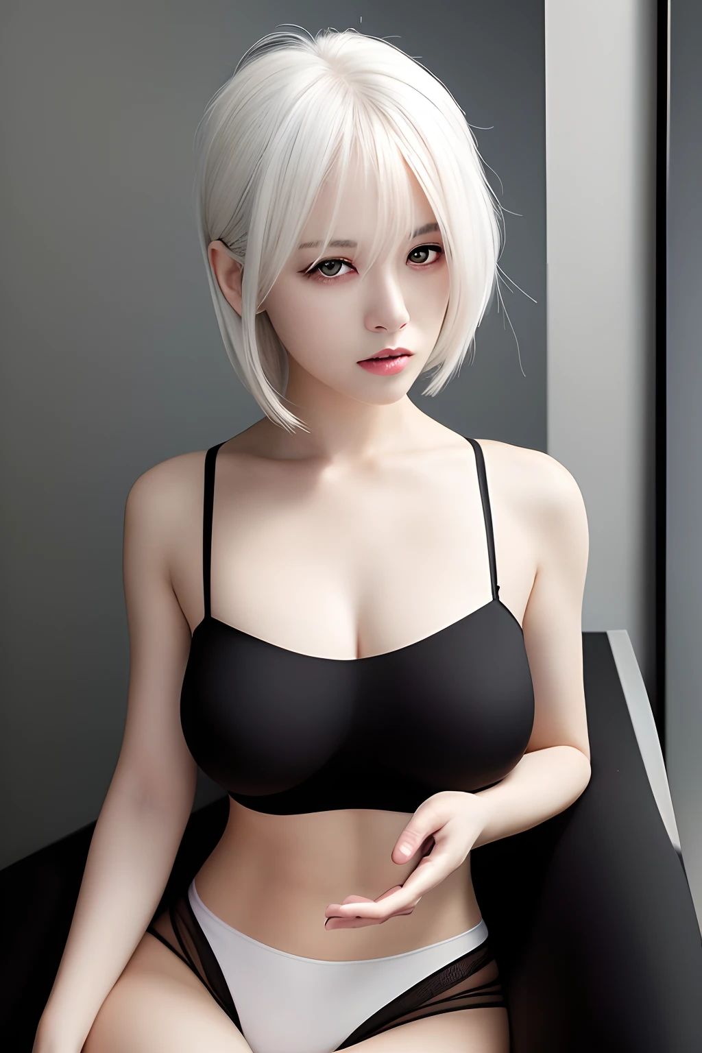 best quality, masterpiece, ultra high res, (photorealistic:1.4), 1girl, looking at viewer, white hair, dark eyes, black shirt