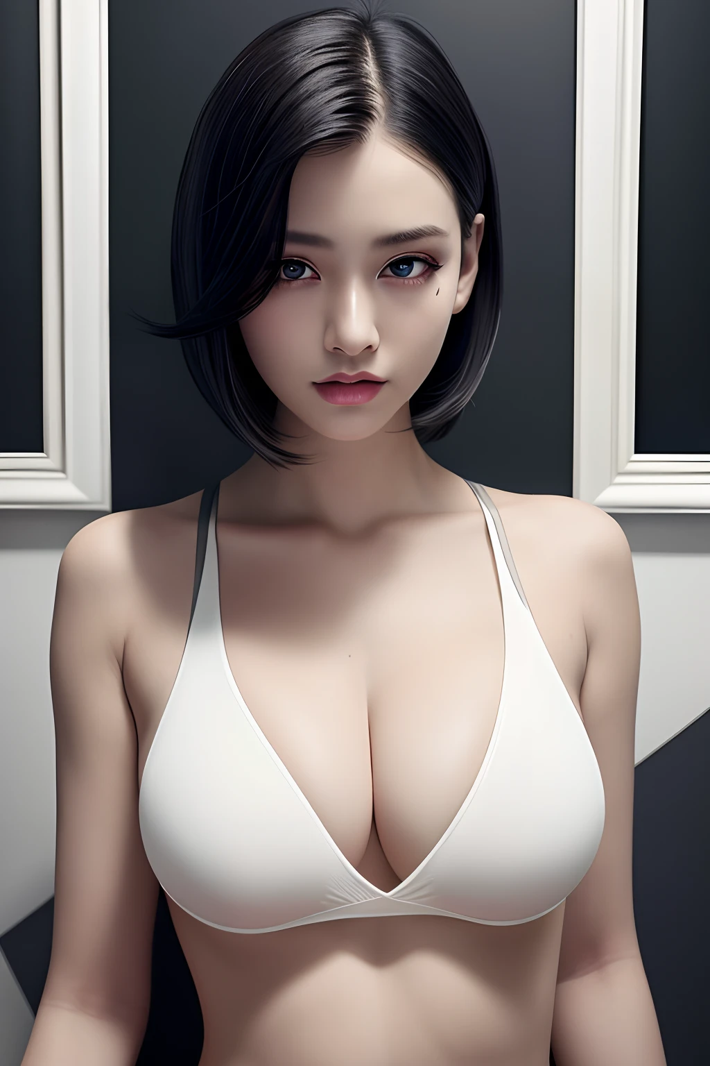 best quality, masterpiece, ultra high res, (photorealistic:1.4), 1girl, looking at viewer, white hair, dark eyes, black shirt