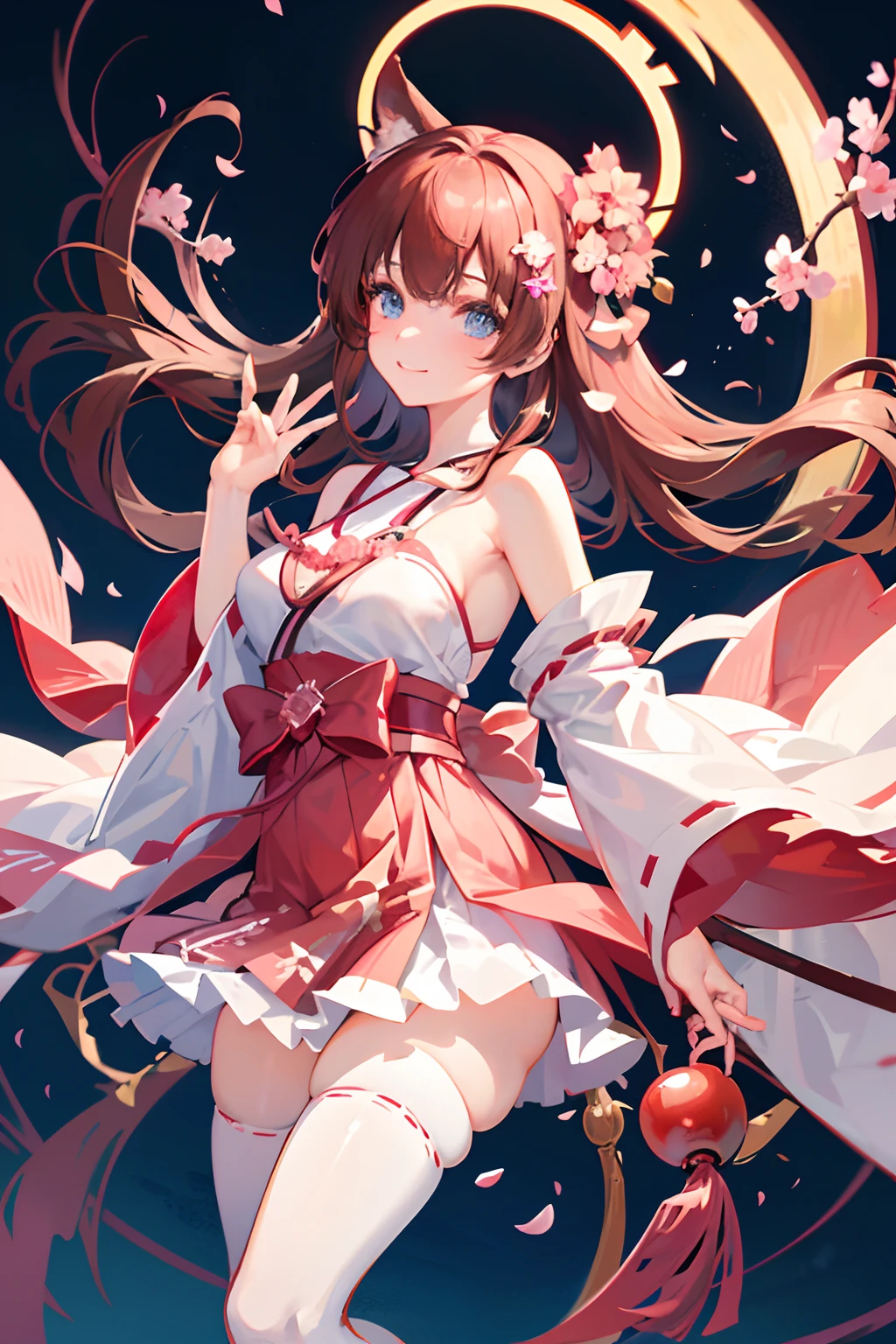 This artwork features an overhead view, dynamic angle, and ultra-detailed style to present a close-up of a girl. The girl has blue eyes, long brown hair with animal ears and a cherry blossom hair accessory. She is lightly smiling and looking directly at the viewer, while revealing her bare shoulders and wearing a pink Miko outfit with white stockings. Her hands are behind her back. The background is set near a torii gate in a Shinto shrine with sakura petals floating around, a flowing river, beautiful cherry blossom trees, and translucent blue butterflies dancing in the air. The artwork also emphasizes the details of the girl's fingers and hands.