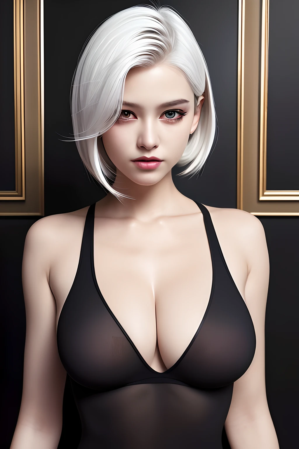 best quality, masterpiece, ultra high res, (photorealistic:1.4), 1girl, looking at viewer, white hair, dark eyes, black shirt