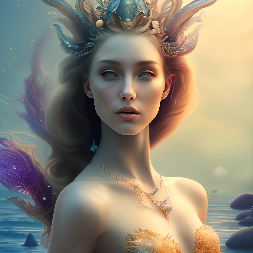 mdjrny-v4 style,mermaid portrait, intricate, elegant, highly detailed,full shot body, Mermaid, Fishtail, Scales,beautiful face, medieval era,perched on a stone, with the sea,moonlight, high detail, masterpieces, (HDR)(film lighting)(sharp focus), masterpiece,(extremely detailed CG unity 8k wallpaper), (best quality)