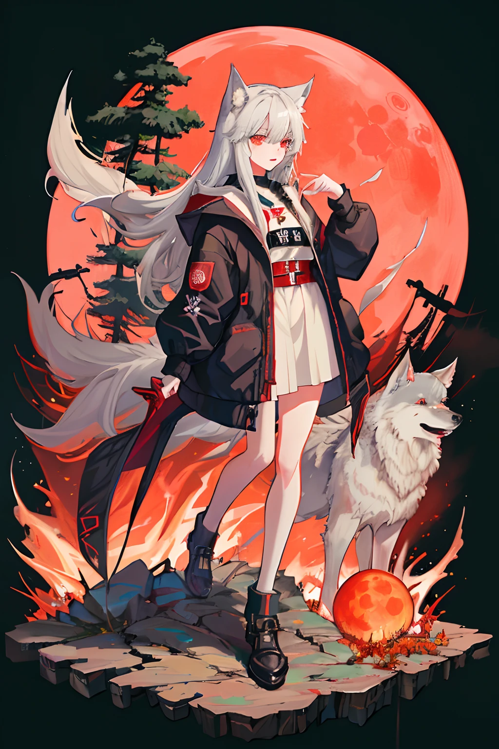 A Wolf girl standing on a mountain cliff wearing gangster clothes, with wolves behind her, red moon, high detail, castle, digitigrade, (extremely detailed CG unified 8k wallpaper), highly detailed, masterpiece, (HDR)(wallpaper) (Film lighting)(Sharp focus), (extremely detailed CG unity 8k wallpaper), (best quality)