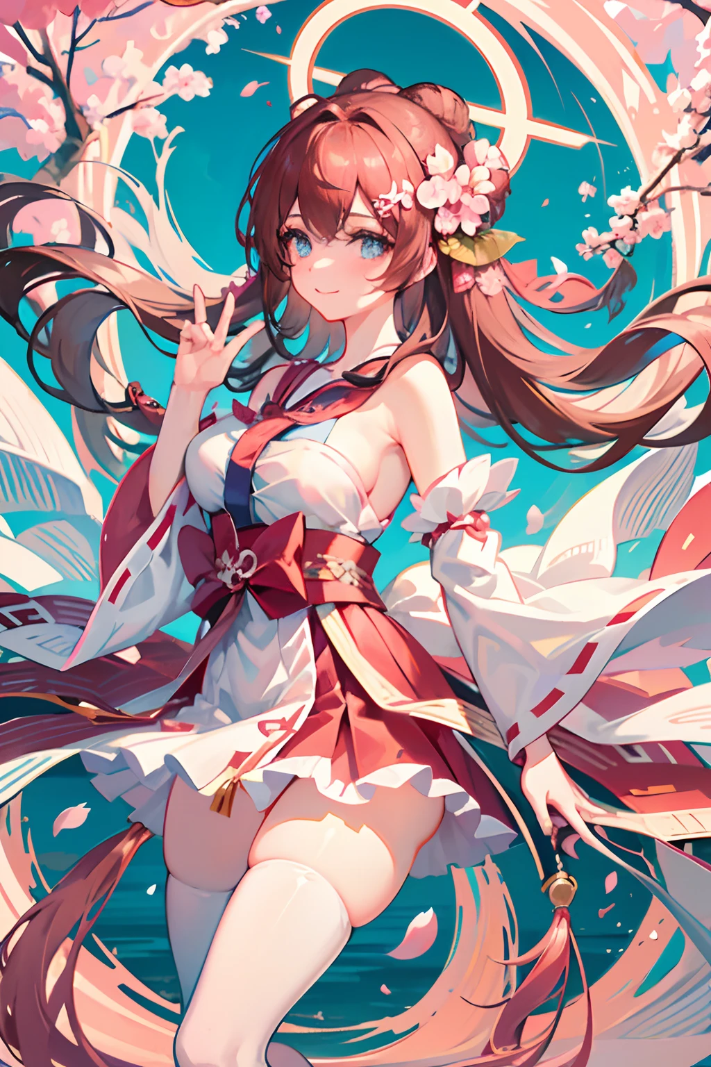 This artwork features an overhead view, dynamic angle, and ultra-detailed style to present a close-up of a girl. The girl has blue eyes, long brown hair with animal ears and a cherry blossom hair accessory. She is lightly smiling and looking directly at the viewer, while revealing her bare shoulders and wearing a pink Miko outfit with white stockings. Her hands are behind her back. The background is set near a torii gate in a Shinto shrine with sakura petals floating around, a flowing river, beautiful cherry blossom trees, and translucent blue butterflies dancing in the air. The artwork also emphasizes the details of the girl's fingers and hands.