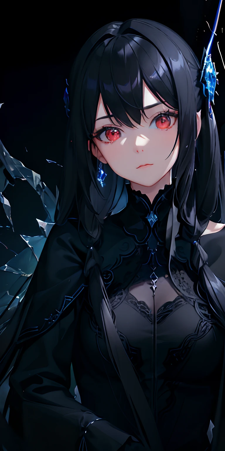 (masterpiece, best quality, ultra-detailed, best shadow), (detailed background,dark fantasy), (beautiful detailed face), high contrast, (best illumination, an extremely delicate and beautiful), ((cinematic light)), colorful, hyper detail, dramatic light, intricate details, (1 girl, solo,black hair, sharp face,low twintails,red eyes, hair between eyes,dynamic angle), blood splatter, swirling black light around the character, depth of field,black light particles,(broken glass),magic circle,