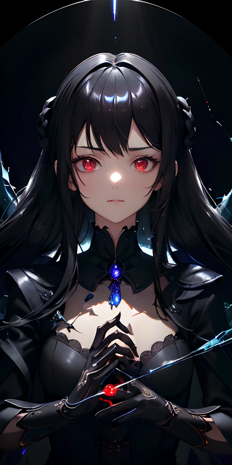 (masterpiece, best quality, ultra-detailed, best shadow), (detailed background,dark fantasy), (beautiful detailed face), high contrast, (best illumination, an extremely delicate and beautiful), ((cinematic light)), colorful, hyper detail, dramatic light, intricate details, (1 girl, solo,black hair, sharp face,low twintails,red eyes, hair between eyes,dynamic angle), blood splatter, swirling black light around the character, depth of field,black light particles,(broken glass),magic circle,