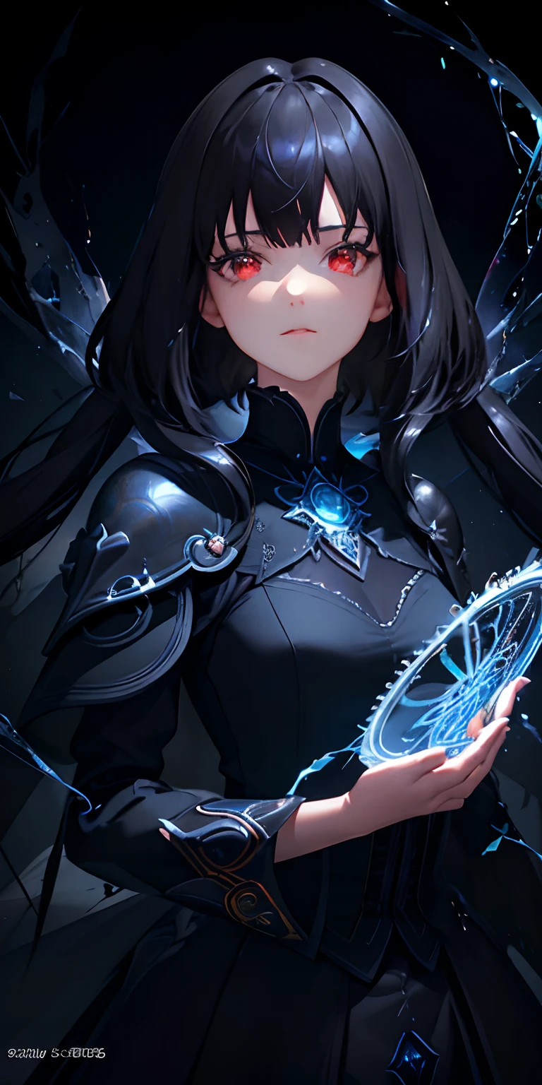 (masterpiece, best quality, ultra-detailed, best shadow), (detailed background,dark fantasy), (beautiful detailed face), high contrast, (best illumination, an extremely delicate and beautiful), ((cinematic light)), colorful, hyper detail, dramatic light, intricate details, (1 girl, solo,black hair, sharp face,low twintails,red eyes, hair between eyes,dynamic angle), blood splatter, swirling black light around the character, depth of field,black light particles,(broken glass),magic circle,