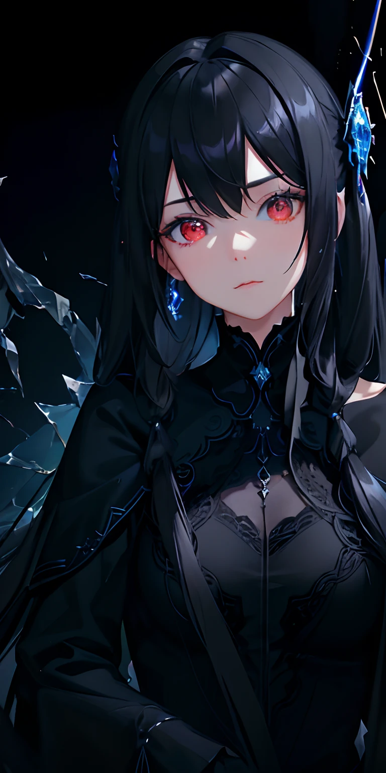(masterpiece, best quality, ultra-detailed, best shadow), (detailed background,dark fantasy), (beautiful detailed face), high contrast, (best illumination, an extremely delicate and beautiful), ((cinematic light)), colorful, hyper detail, dramatic light, intricate details, (1 girl, solo,black hair, sharp face,low twintails,red eyes, hair between eyes,dynamic angle), blood splatter, swirling black light around the character, depth of field,black light particles,(broken glass),magic circle,
