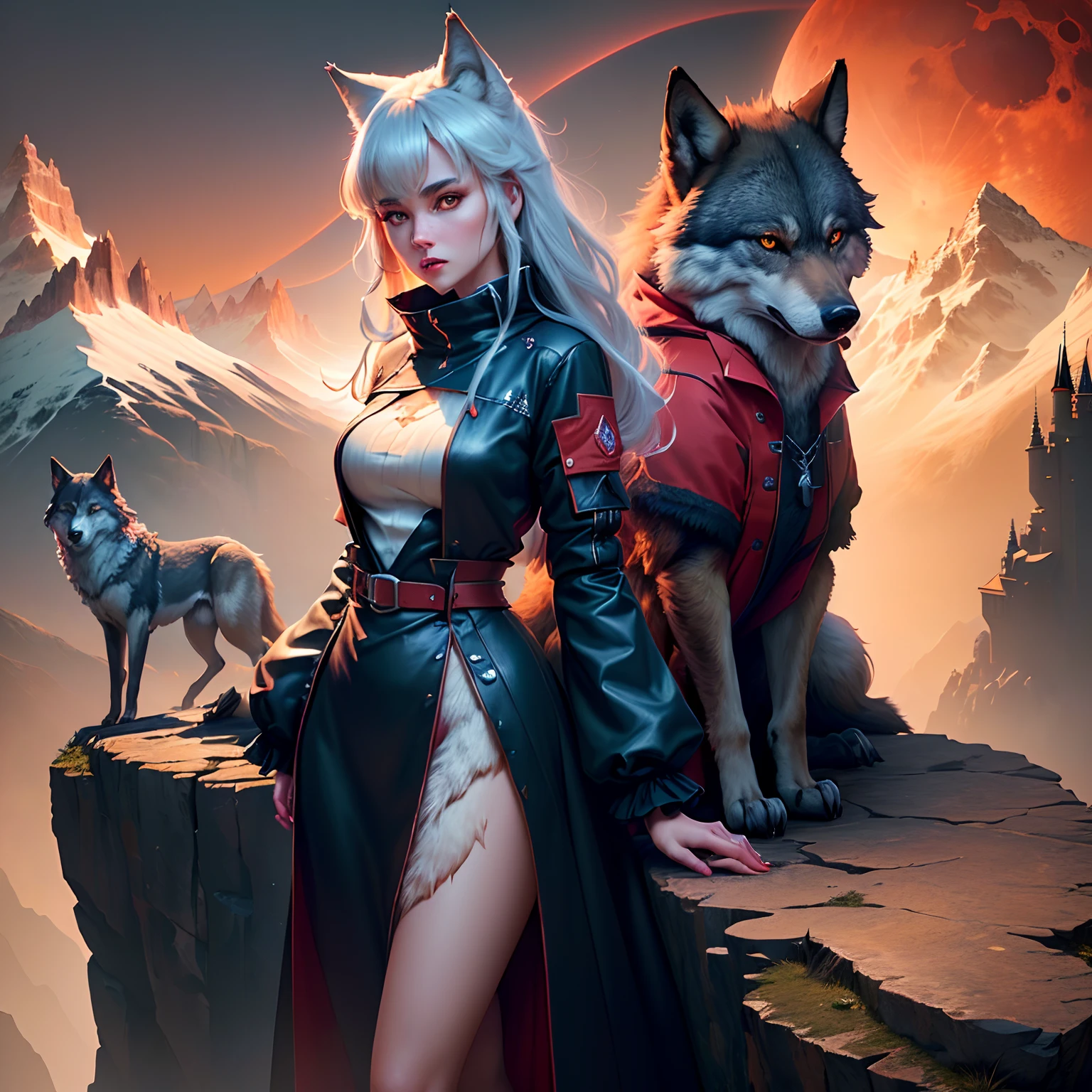 A Wolf girl standing on a mountain cliff wearing gangster clothes with wolves behind her, red moon, high detail, castle, digitigrade, (extremely detailed CG unified 8k wallpaper), highly detailed, masterpiece,  (HDR)(wallpaper) (Film lighting)(Sharp focus), (extremely detailed CG unity 8k wallpaper), (best quality)
