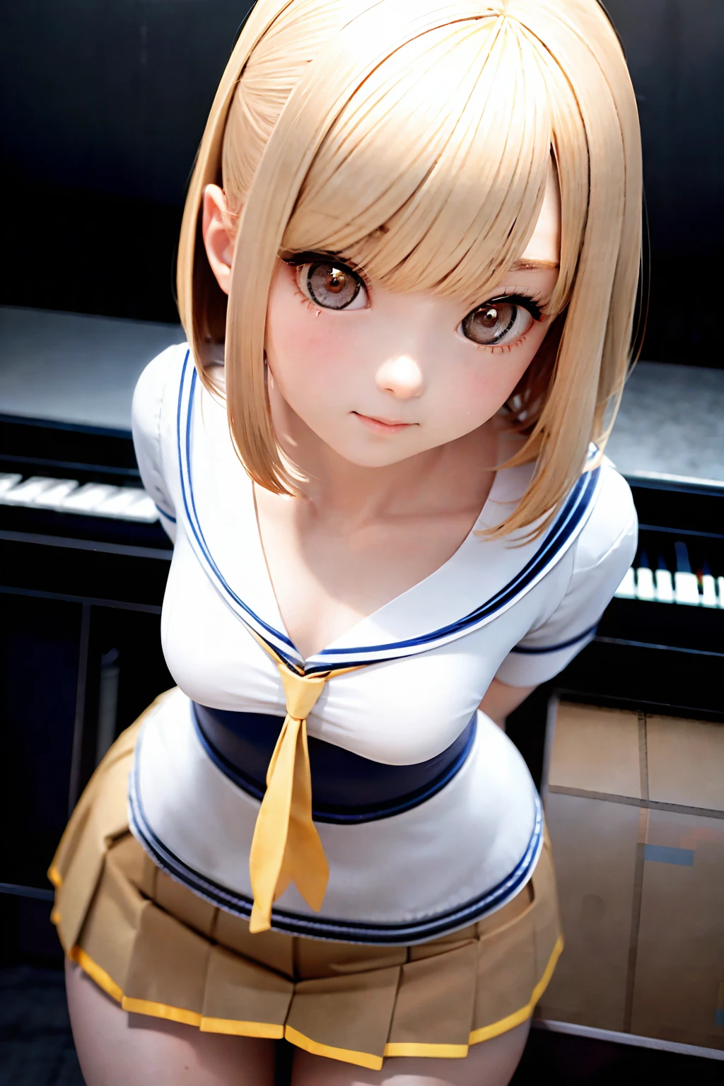 This is a portrait photo of a middle school student wearing a light yellow sailor-style school uniform. She has a cute and lively appearance, and is beautiful. The artwork is a realistic 3D headshot that finely presents her beautiful eyes, which are 1.2 times magnified, as well as her brown short hair, brown pupils, and the skin's luster. She stands alone in front of the camera. The photo is illuminated with sidelighting and is a very exquisite and outstanding piece of work.