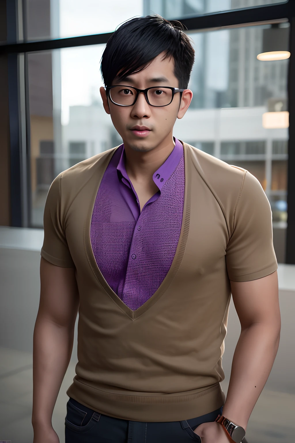 Jarhead male, Asian male, 29 years old, glasses, purple tag around his neck, P03, 8K, ultra fine, cinematic lighting