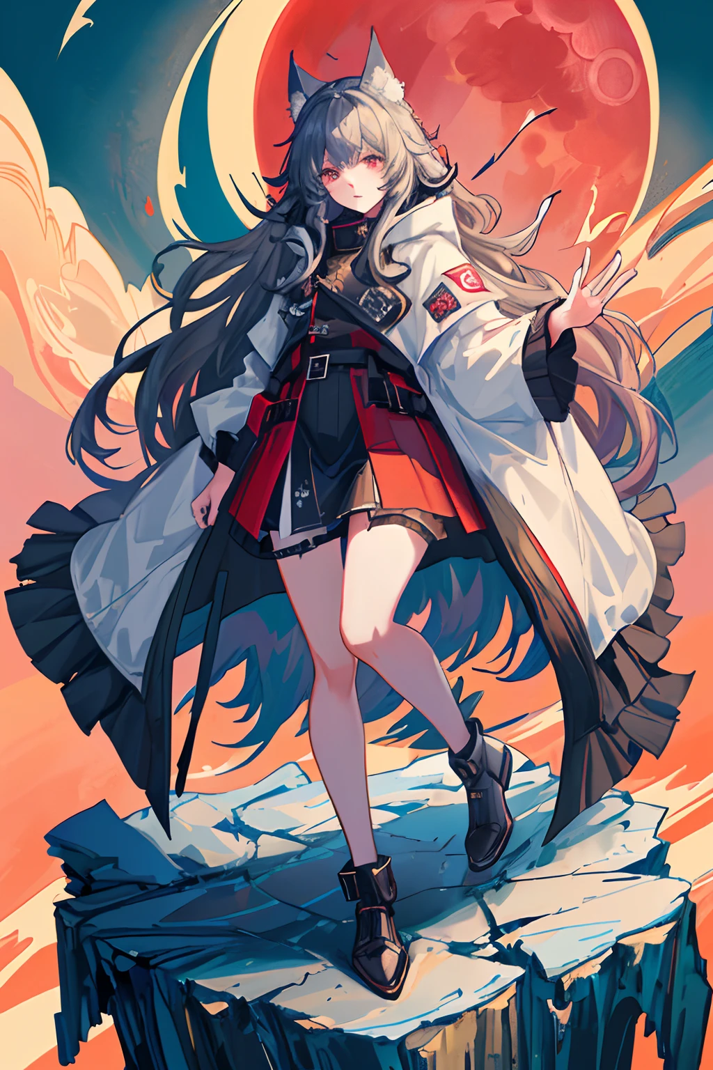A Wolf girl standing on a mountain cliff wearing gangster clothes, with wolves behind her, red moon, high detail, castle, digitigrade, (extremely detailed CG unified 8k wallpaper), highly detailed, masterpiece, (HDR)(wallpaper) (Film lighting)(Sharp focus), (extremely detailed CG unity 8k wallpaper), (best quality)