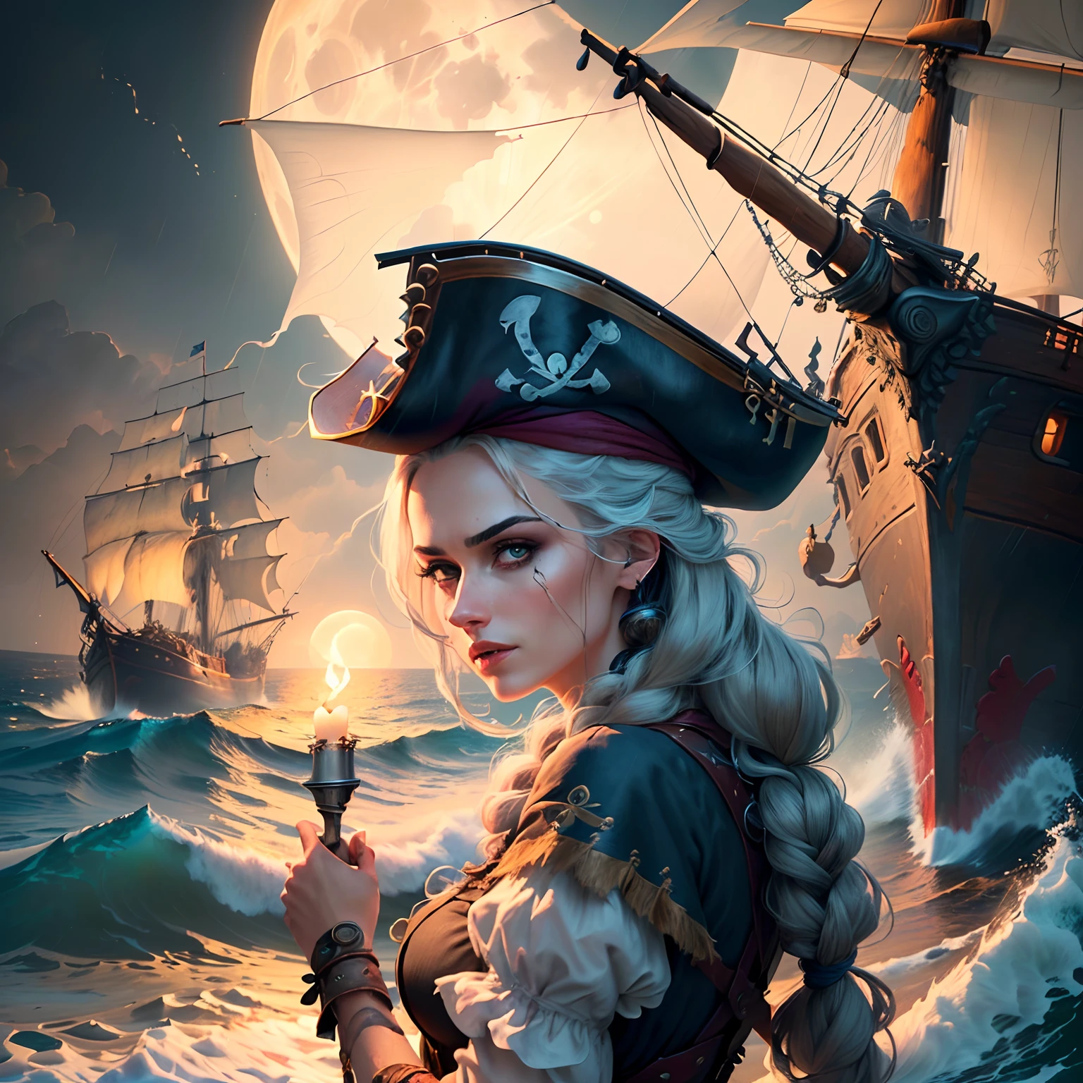 A pirate woman(Beautiful face)stood on a splint, and the sea was a raggedy pirate ship, full of fire, and the moon, and the waves, and the rain, (extremely detailed CG unified 8k wallpaper), highly detailed, masterpiece, (HDR)(wallpaper) (Film lighting)(Sharp focus), (extremely detailed CG unity 8k wallpaper), (best quality)