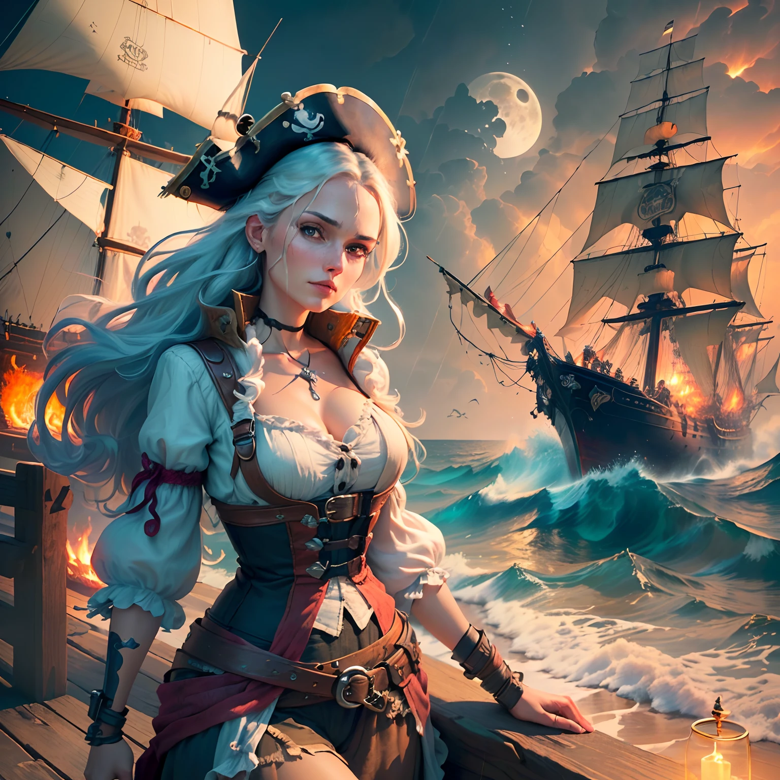 A pirate woman(Beautiful face)stood on a splint, and the sea was a raggedy pirate ship, full of fire, and the moon, and the waves, and the rain, (extremely detailed CG unified 8k wallpaper), highly detailed, masterpiece,  (HDR)(wallpaper) (Film lighting)(Sharp focus), (extremely detailed CG unity 8k wallpaper), (best quality)