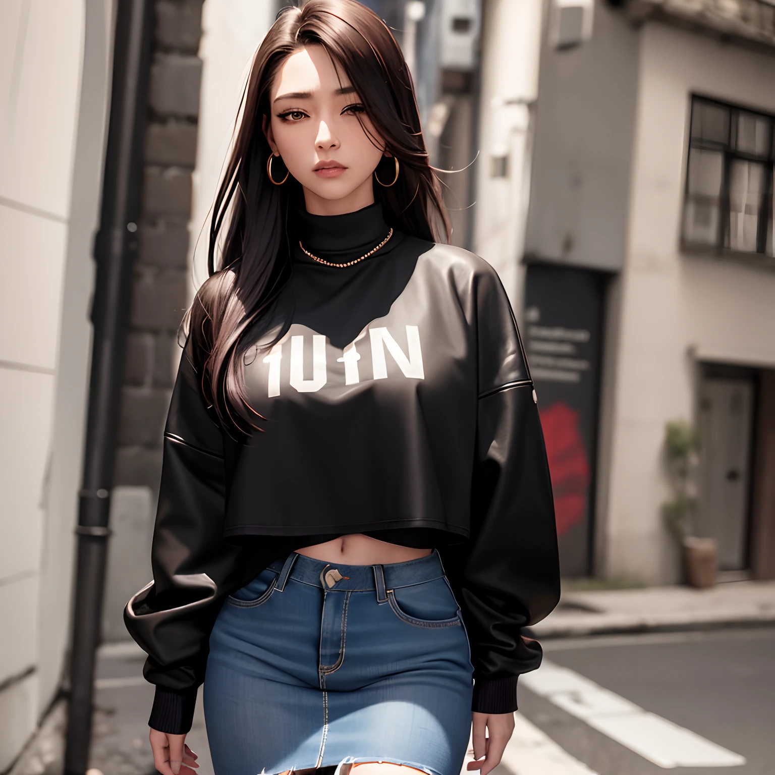 (masterpiece, best quality, 1girl, solo, intricate details, chromatic aberration), realistic, ((medium breath)),long hair, black hair, red head ornament, black highlights, hair over one eye,purple eyes, earrings, sharp eyes, choker, neon shirt,Jeans Skirt,Air Force Loose Fit Leather Jacket, turtleneck sweater, night,against wall, brick wall, graffiti, dim lighting, alley ,look at viewer, <lora:koreanDollLikeness_v15:0.2>