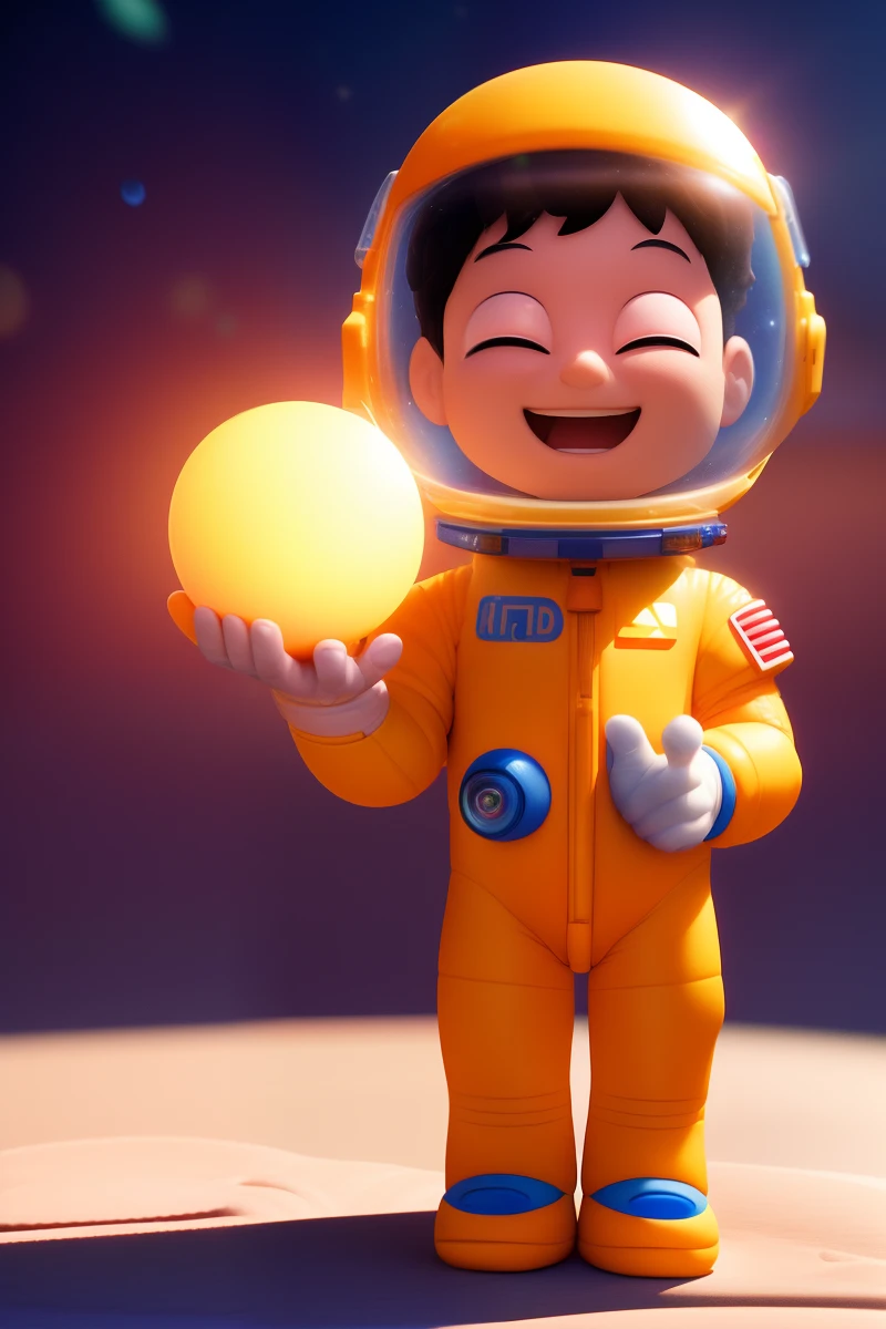 (5 year old boy, happy, front, soft light, multi detail, Pixar style, 3D model, ip, clean background, spacesuit, fashionable toy, cute, Q version, clay material, popmart blind box, Dreamscene, enhance, 3D rendering, Uitra HD