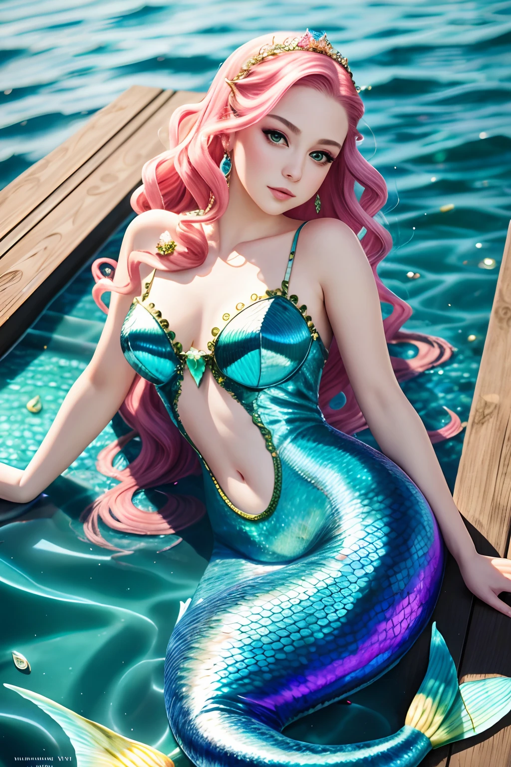 full shot body,mdjrny-v4 style,mermaid portrait, intricate, elegant, highly detailed, Mermaid, Fishtail,Curl up on deck,Colored scales,beautiful face,dreamy,medieval era,(masterpiece:1.4) (best quality:1.4) (8k) (HDR) (wallpaper) (cinematic lighting) (sharp focus) (intricate) (Style-Sylvamagic:0.5)