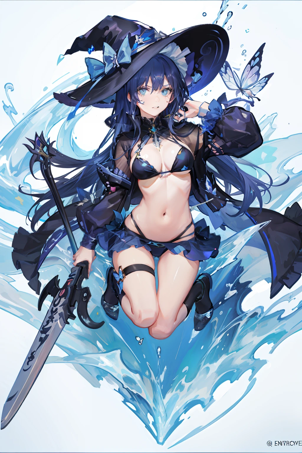 colorful butterfly,girl,bikini,upper body,witch hat,(detailed face:1.2), (medium breasts),(cleavage),(thigh bands),long hair,asymmetrical bangs,Tarot border,The portrait is centered,(no weapon),(bouncing breasts),