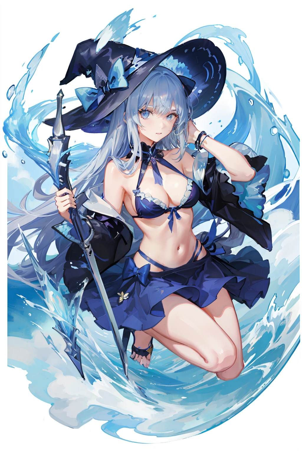 colorful butterfly,girl,bikini,upper body,witch hat,(detailed face:1.2), (medium breasts),(cleavage),(thigh bands),long hair,asymmetrical bangs,Tarot border,The portrait is centered,(no weapon),(bouncing breasts),