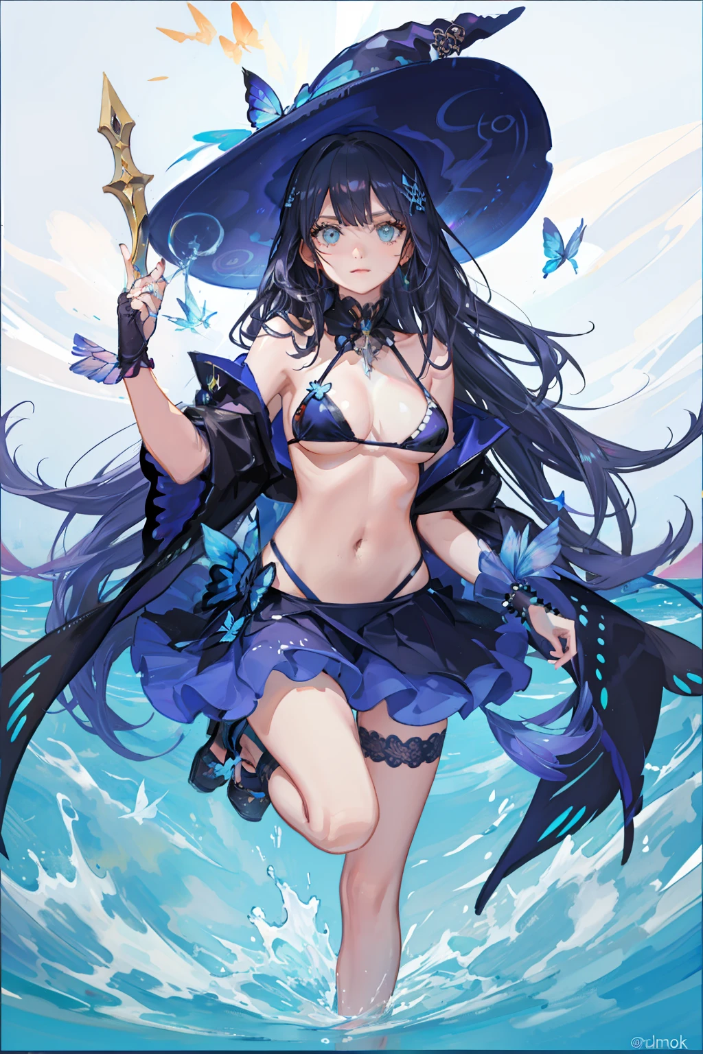 colorful butterfly,girl,bikini,upper body,witch hat,(detailed face:1.2), (medium breasts),(cleavage),(thigh bands),long hair,asymmetrical bangs,Tarot border,The portrait is centered,(no weapon),(bouncing breasts),
