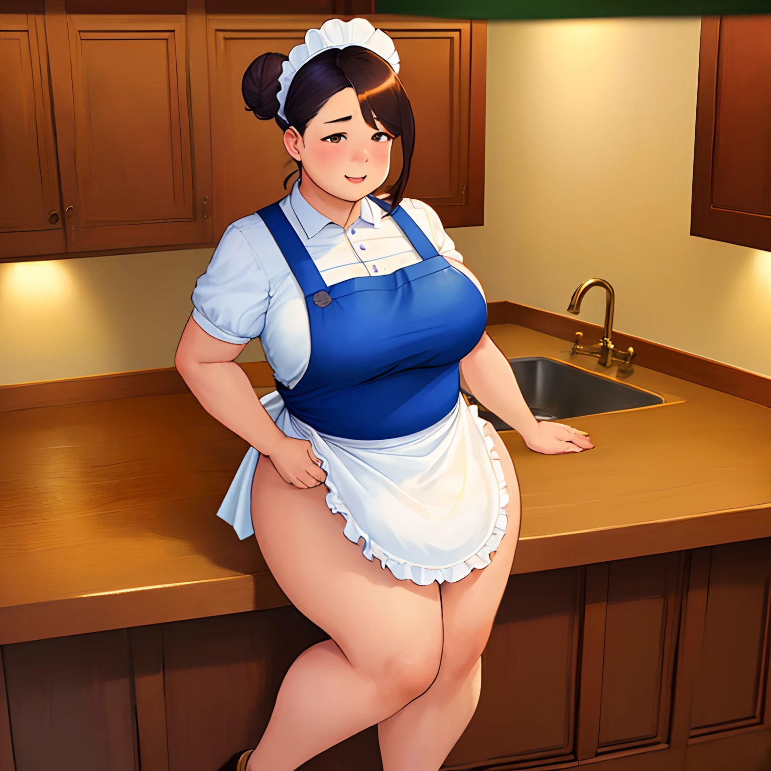 ((masterpiece, best quality)), (1girl), ((mature female)), huge breast, black bun hair style, obesity, fat, overweight, squint, Realistic full body portrait, wearing dirty apron, kitchen,
