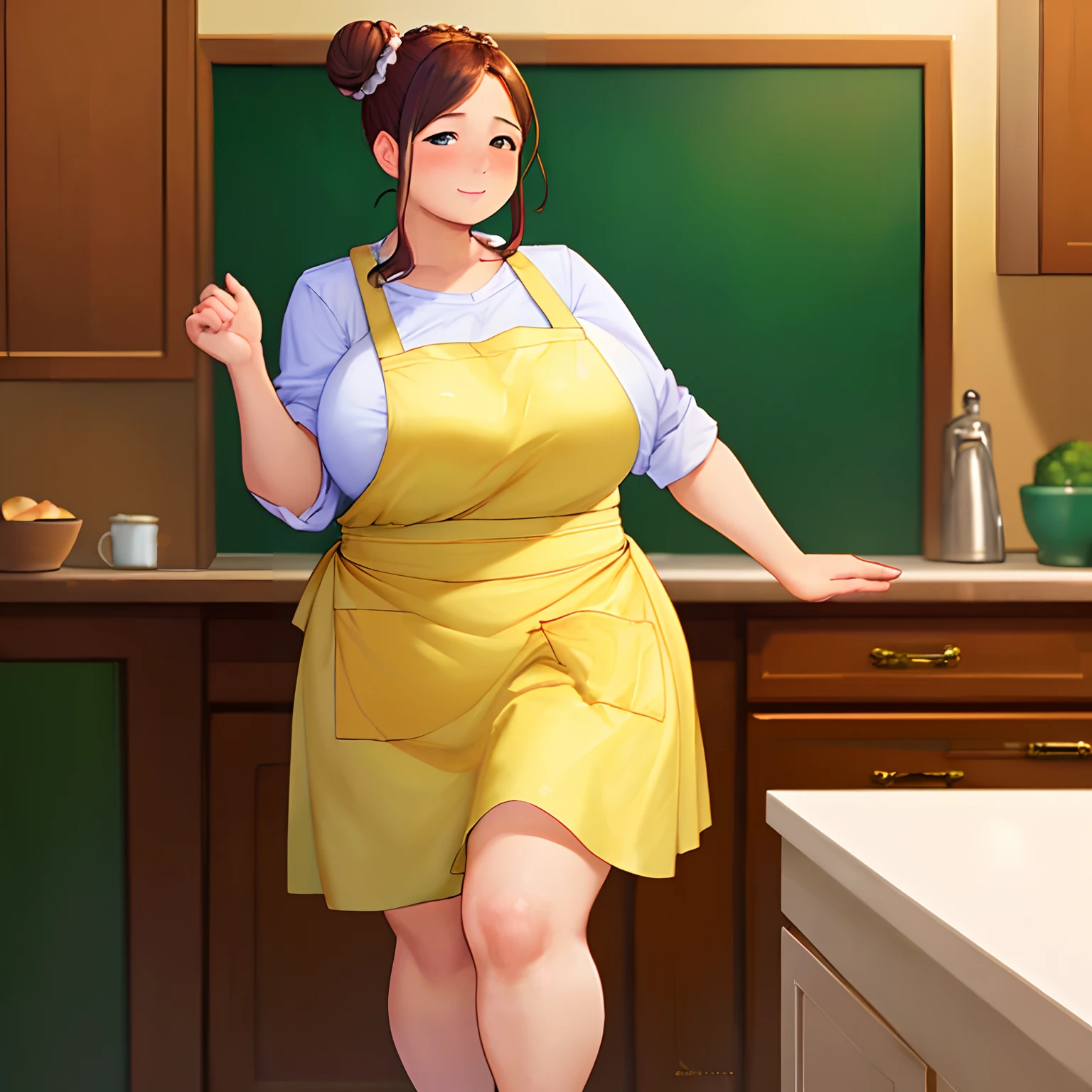 ((masterpiece, best quality)), (1girl), ((mature female)), huge breast, black bun hair style, obesity, fat, overweight, squint, Realistic full body portrait, wearing dirty apron, kitchen,