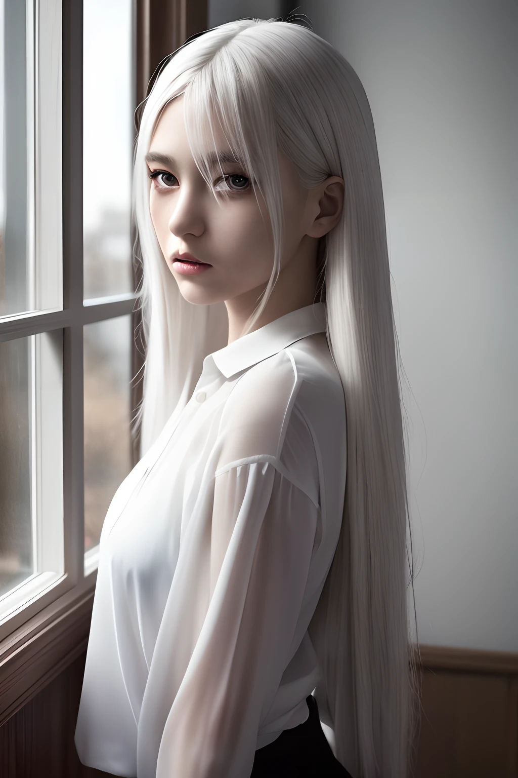 best quality, masterpiece, ultra high res, (photorealistic:1.4), 1girl, standing by the window, white hair, dark eyes, black shirt