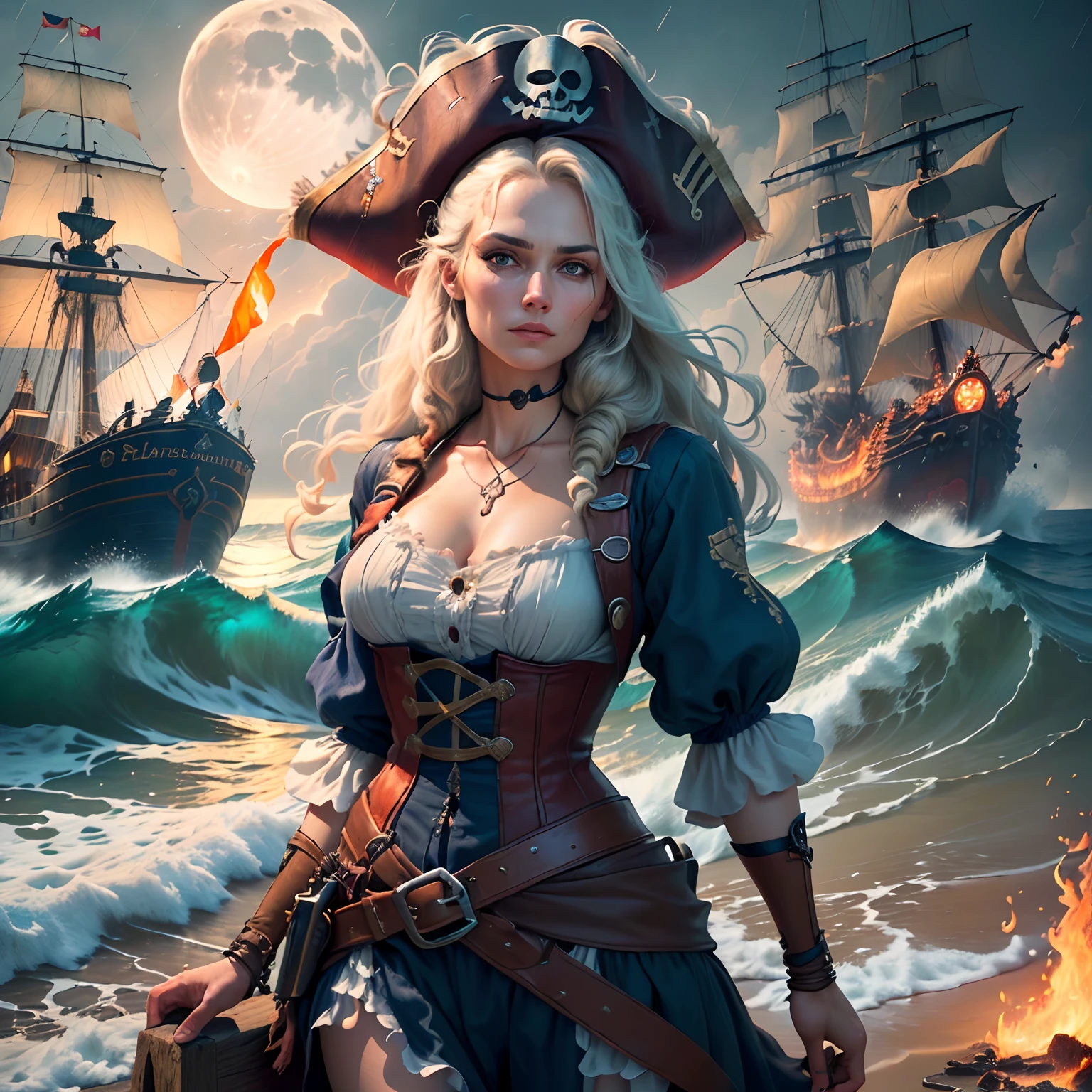A pirate woman(Beautiful face)stood on a splint, and the sea was a raggedy pirate ship, full of fire, and the moon, and the waves, and the rain, (extremely detailed CG unified 8k wallpaper), highly detailed, masterpiece, (HDR)(wallpaper) (Film lighting)(Sharp focus), (extremely detailed CG unity 8k wallpaper), (best quality)