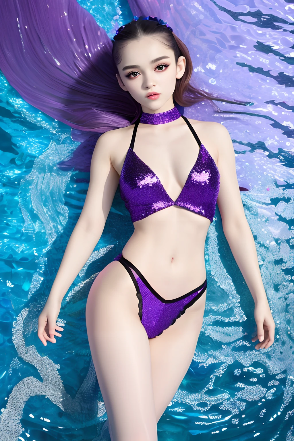 evgenia medvedeva face,mermaid body, fish tail, best quality, masterpiece, ultra high res, photorealistic, 1girl, blonde hair, dark eyes, swimming, lower half fish body, fish tail with Purple Sequin and Rhinestone fabric,