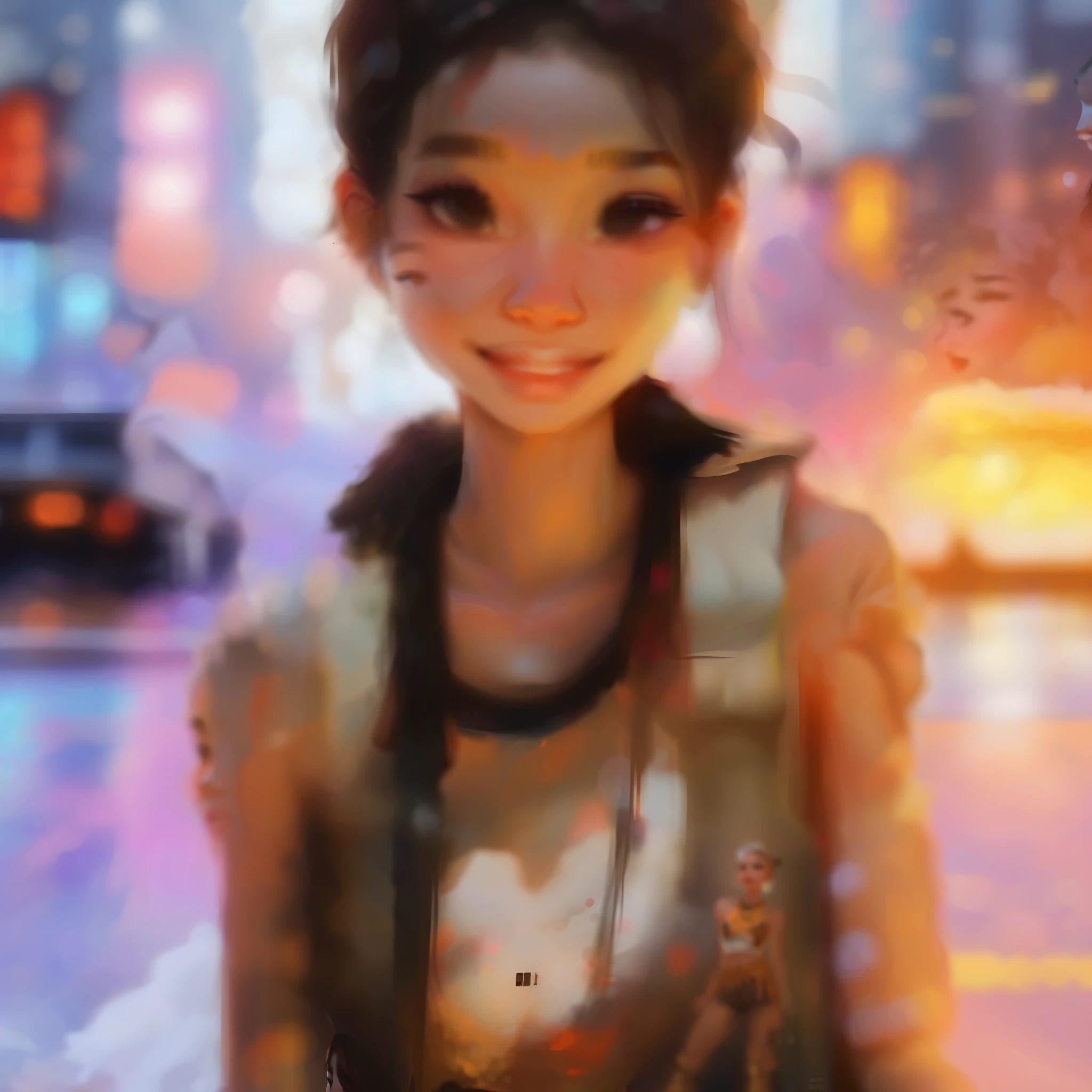 samdoesarts; award winning half body portrait of a beautiful woman in a croptop and cargo pants, military boots, standing on the street faint smile,  paint splashes, hair in a bun, splatter, outrun, vaporware,  digital art, trending on artstation, highly detailed, fine detail, intricate