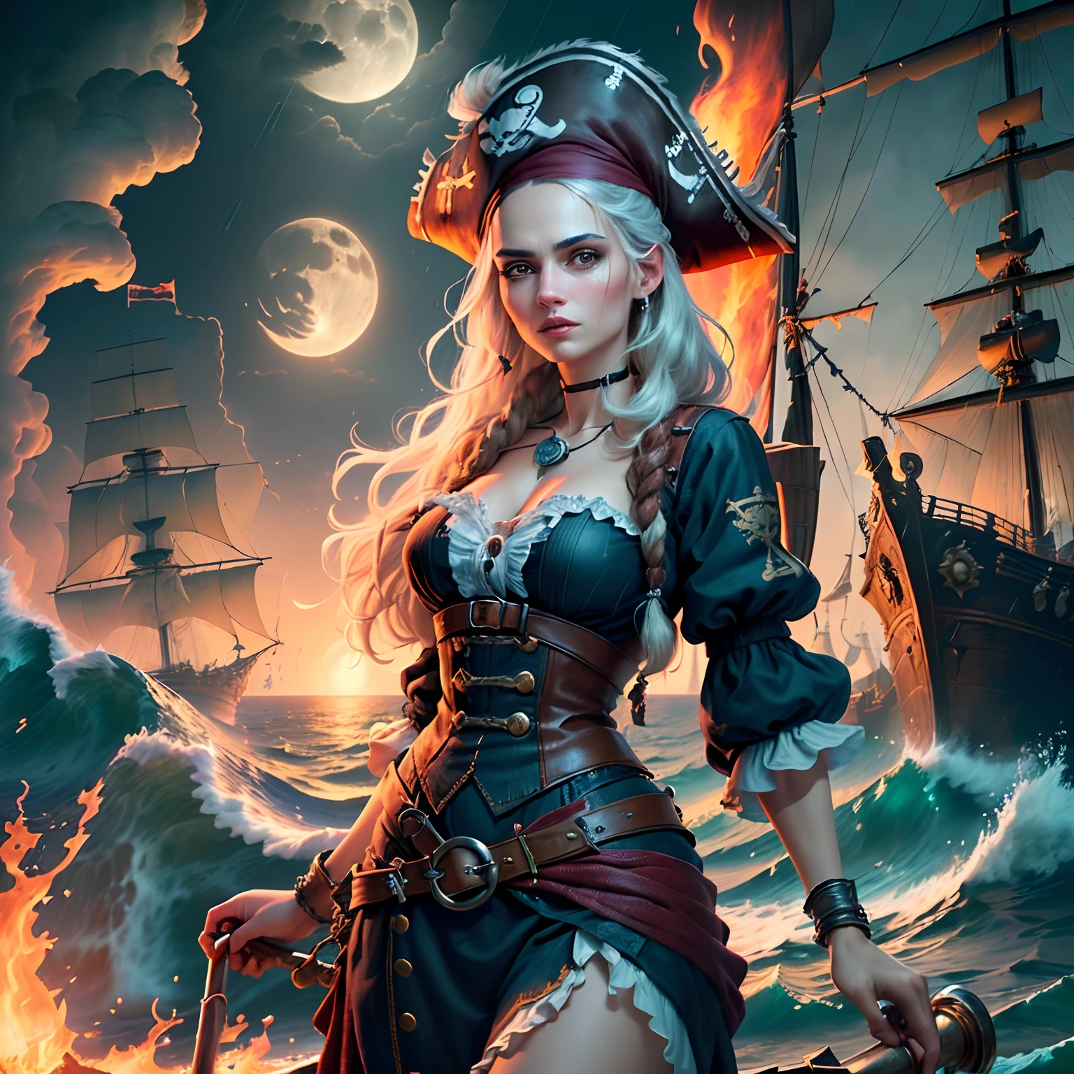 A pirate woman(Beautiful face)stood on a splint, and the sea was a raggedy pirate ship, full of fire, and the moon, and the waves, and the rain, (extremely detailed CG unified 8k wallpaper), highly detailed, masterpiece, (HDR)(wallpaper) (Film lighting)(Sharp focus), (extremely detailed CG unity 8k wallpaper), (best quality), (Background blur)