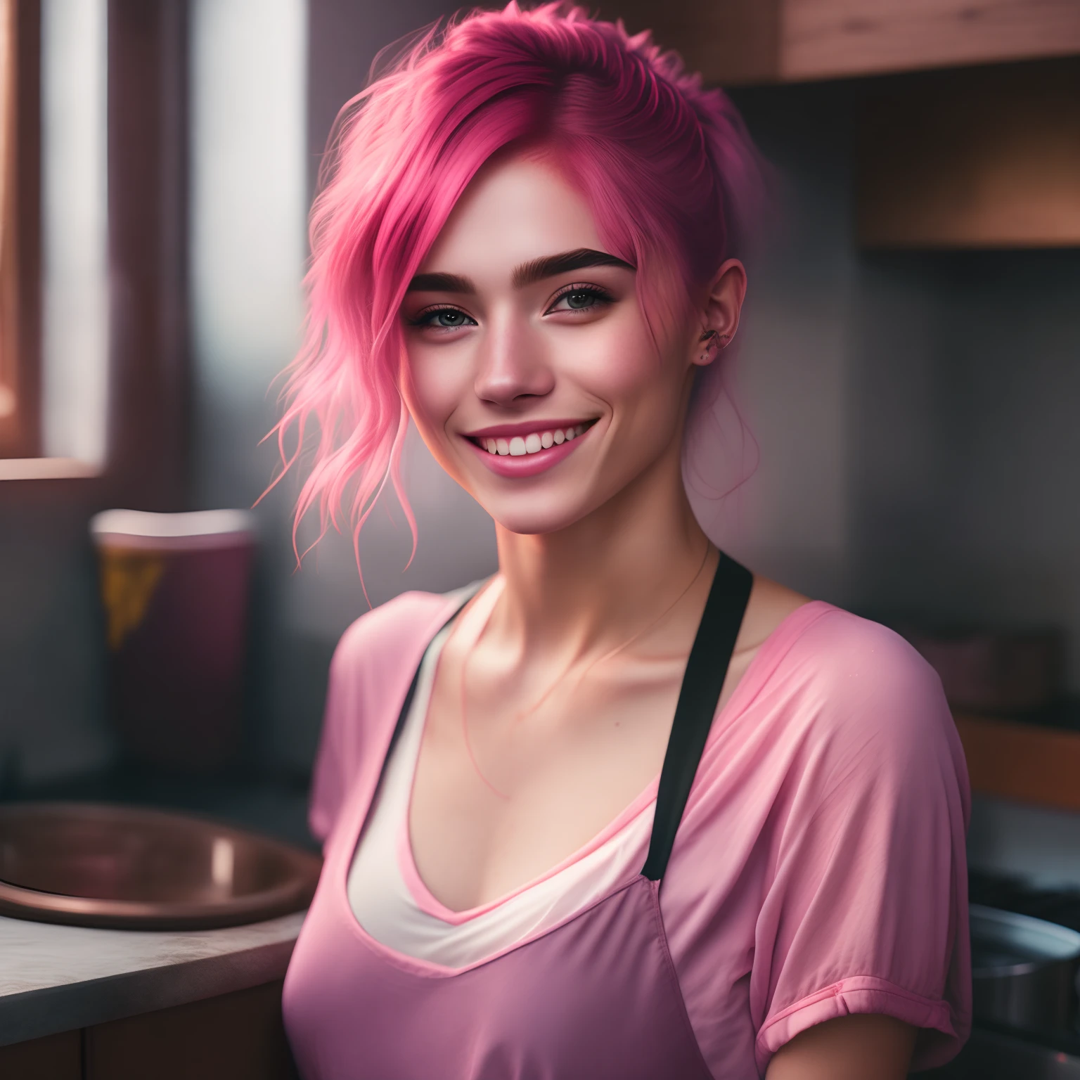 85mm portrait photo of a cute girl, smile, pink hair, 20 years old, kitchen, flirting with camera, cinematic, 8k,