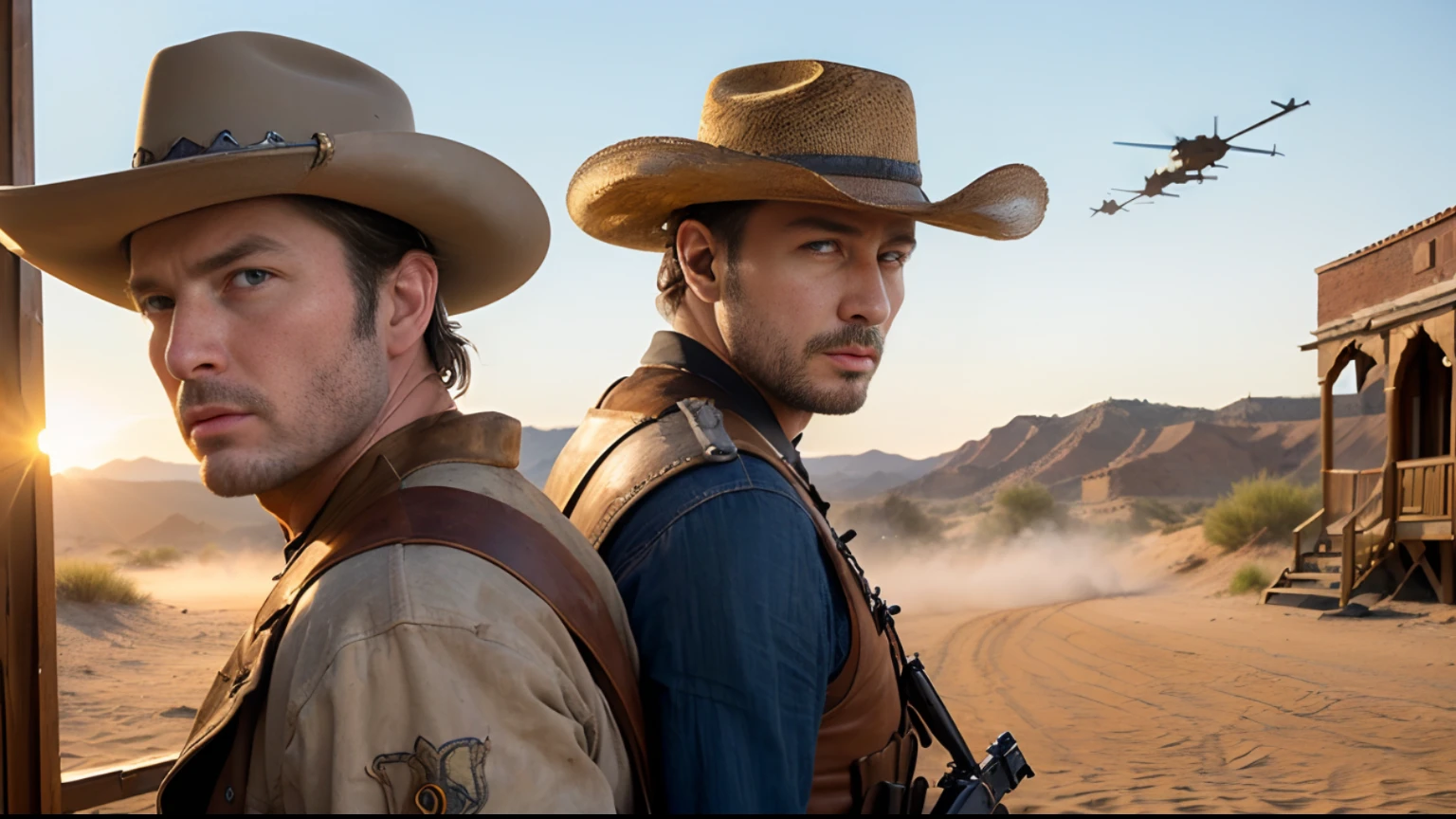 (Masterpiece), the best quality, (extremely detailed CG unified 8k wallpaper), (the best quality), (the best illustration), (the best shadow), Printmaking,Cartoon,water color,2D,cinematic effect,Warm painting style, Illustration style,intricated details ,Split-screen, with the yellow sand blowing in the air, the assassins Monco and El Indio engage in a duel. They face each other, draw their guns and shoot. The street in the small town in the American West is empty, with police officers standing outside the police station, watching their fight. The doors of the shops in the town are closed, and people peer through the windows, creating a tense atmosphere. Western film "The Good, the Bad and the Ugly",intricated details,8K,ultra realistic,hight detail