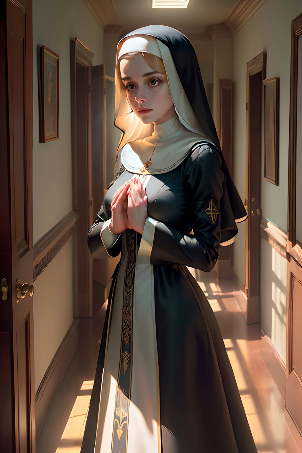 masterpiece, best quality, (extremely detailed CG unity 8k wallpaper), (best quality), (best illustration), (best shadow), Night, Moonlight, An American nun was walking down the hall in prayer She has a face like Anne Hathaway , photo level, written photoreceptor, d, HDR 8K, true lighting, cinematic stills, horror movies, flash
