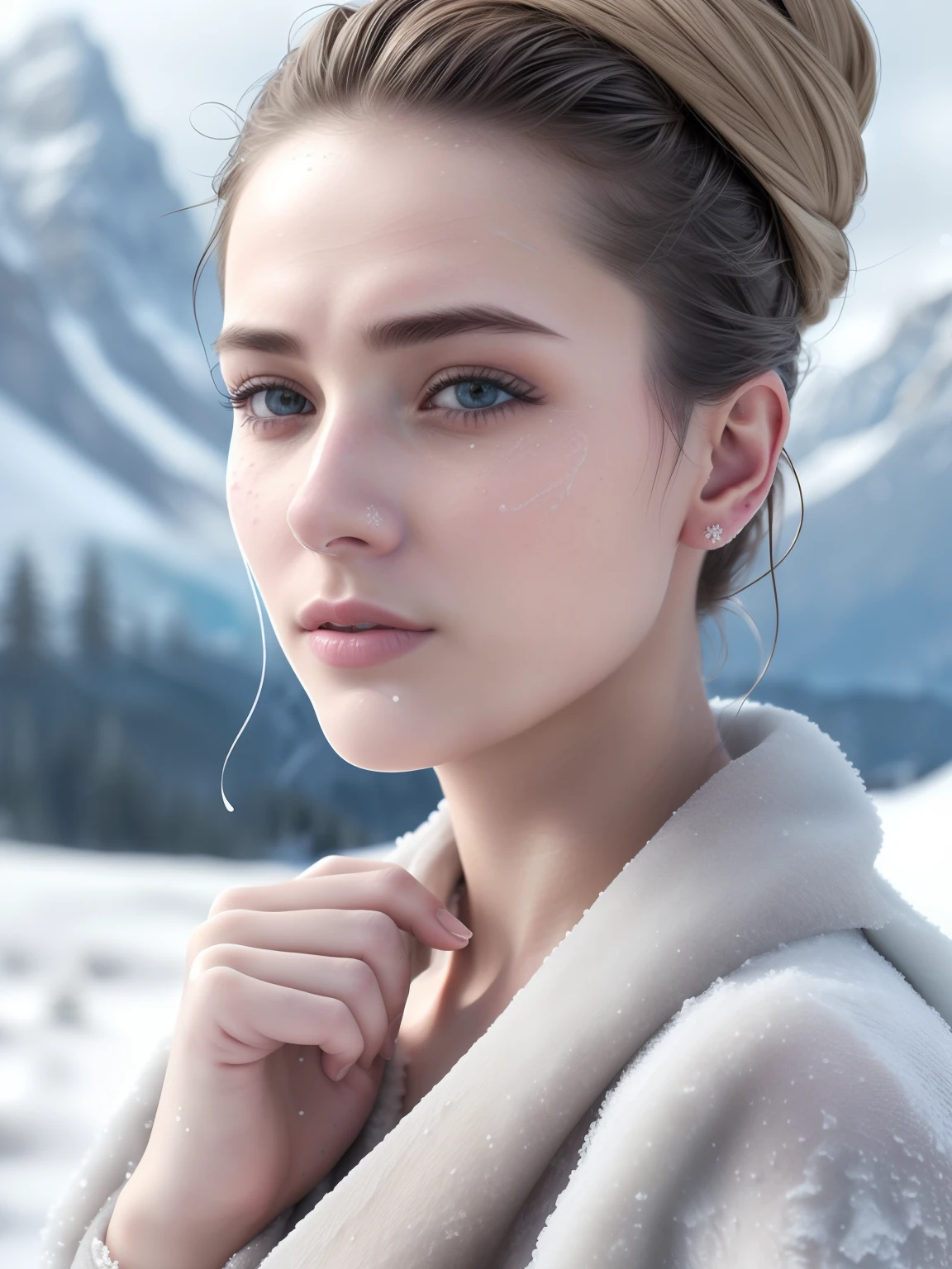 best ratio four finger and one thumb, attractive stunning Ukrainian woman, (messy bun), skin pores, behind glacial mountains, snow, (high detailed skin:1.1), film grain, Fujifilm XT3, (high detailed face:1.1), (soothing tones:1.25), (hdr:1.25), (artstation:1.2), dramatic, (intricate details:1.14), (hyperrealistic 3d render:1.16), (filmic:0.55), (rutkowski:1.1), (faded:1.3), ((partially exposed nipples))