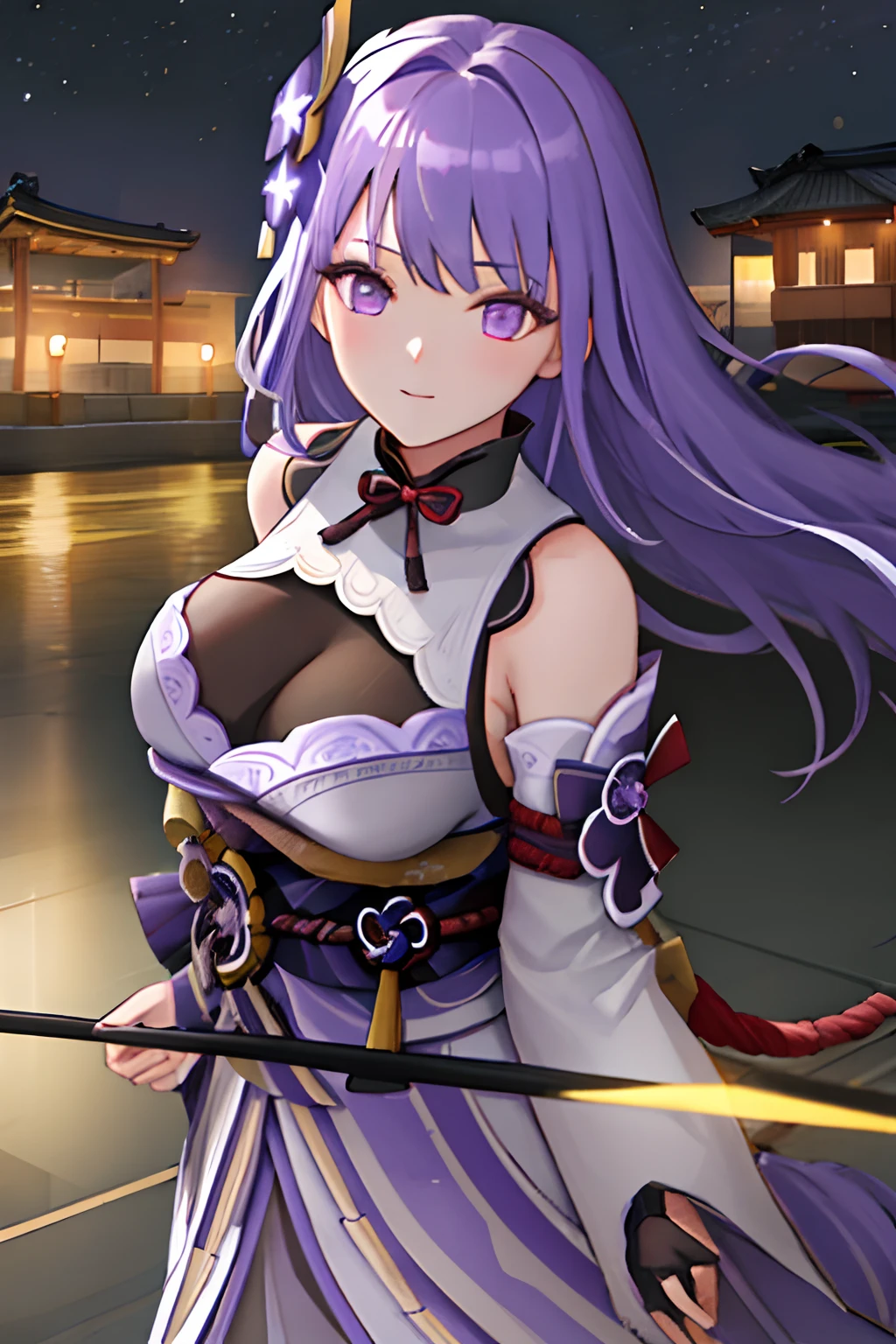 best quality, masterpiece,highly detailed,semi-realistic,1girl,upper body,raiden shogun,(ulzzang-6500-v1.1:0.5),large breasts,perfect face,glowing eyes,long hair,purple hair,hair ornament,lightning in sky,night sky,ancient building in background,depth of field,looking at viewer,