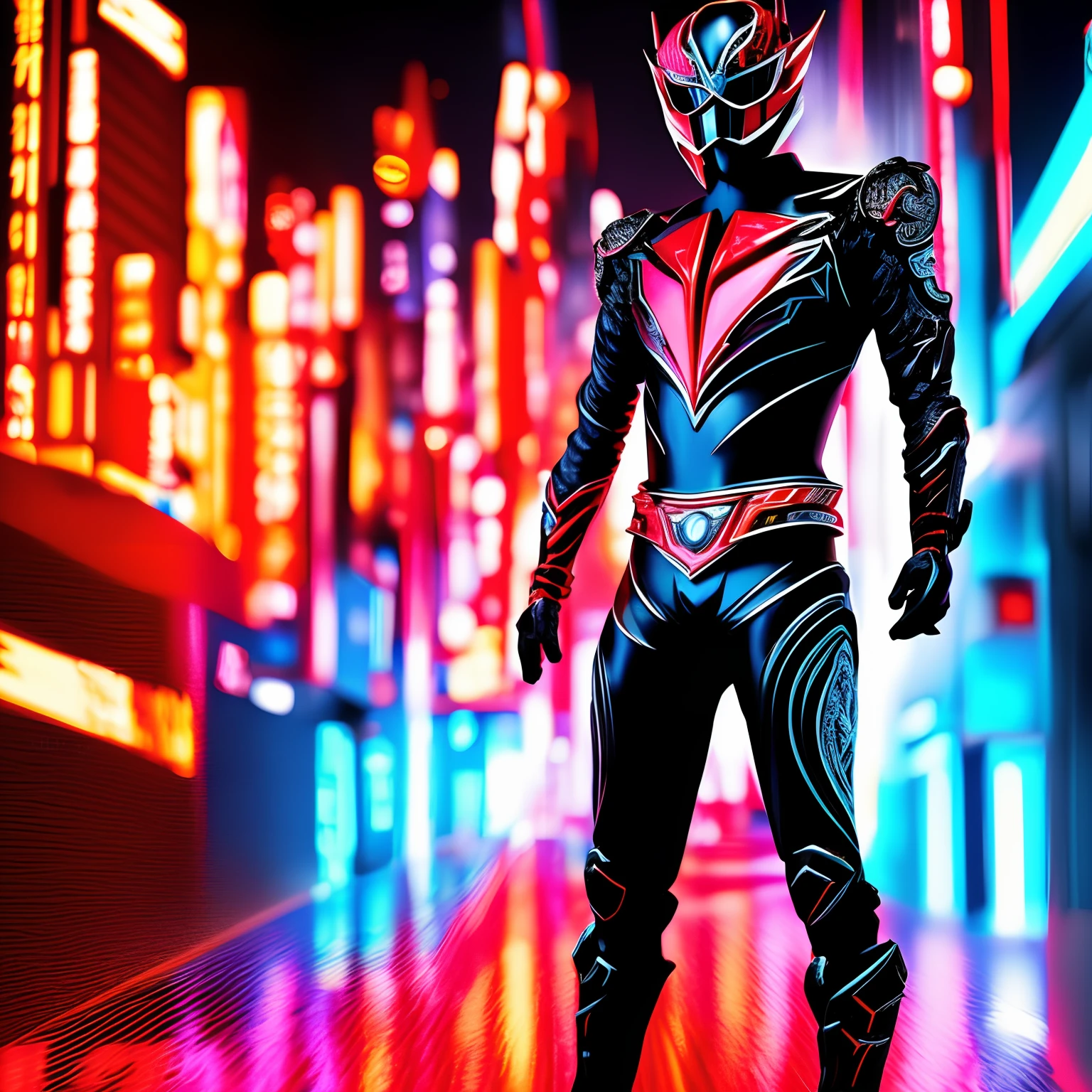 Stunning 3D render of a Japanese Kamen Rider Faiz has red eyes, close-up, intricate details, set against a skyline at night, blue neon effect, futuristic, sharp focus, cinematic, high contrast, rim light, celestial atmosphere, fiery effect, vivid --ar 16:9 --q . 5 --stylize 250