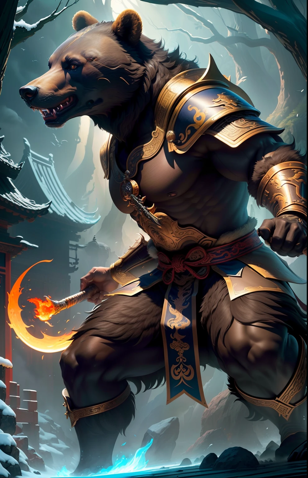 (Masterpiece), the best quality, (extremely detailed CG unified 8k wallpaper), (the best quality), (the best illustration), (the best shadow), Full length shot, black bear personification, Hercules, warrior, Chinese heavy armor, Chinese ink style, amazing epic Chinese ancient themes, martial arts style, Chinese fairy tales, highly detailed, dynamic, movies, amazing, realistic lights and shadows, vivid, full of vitality, 8k, octane rendering, fantasy engine, very detailed, concept art, realistic, crying engine,