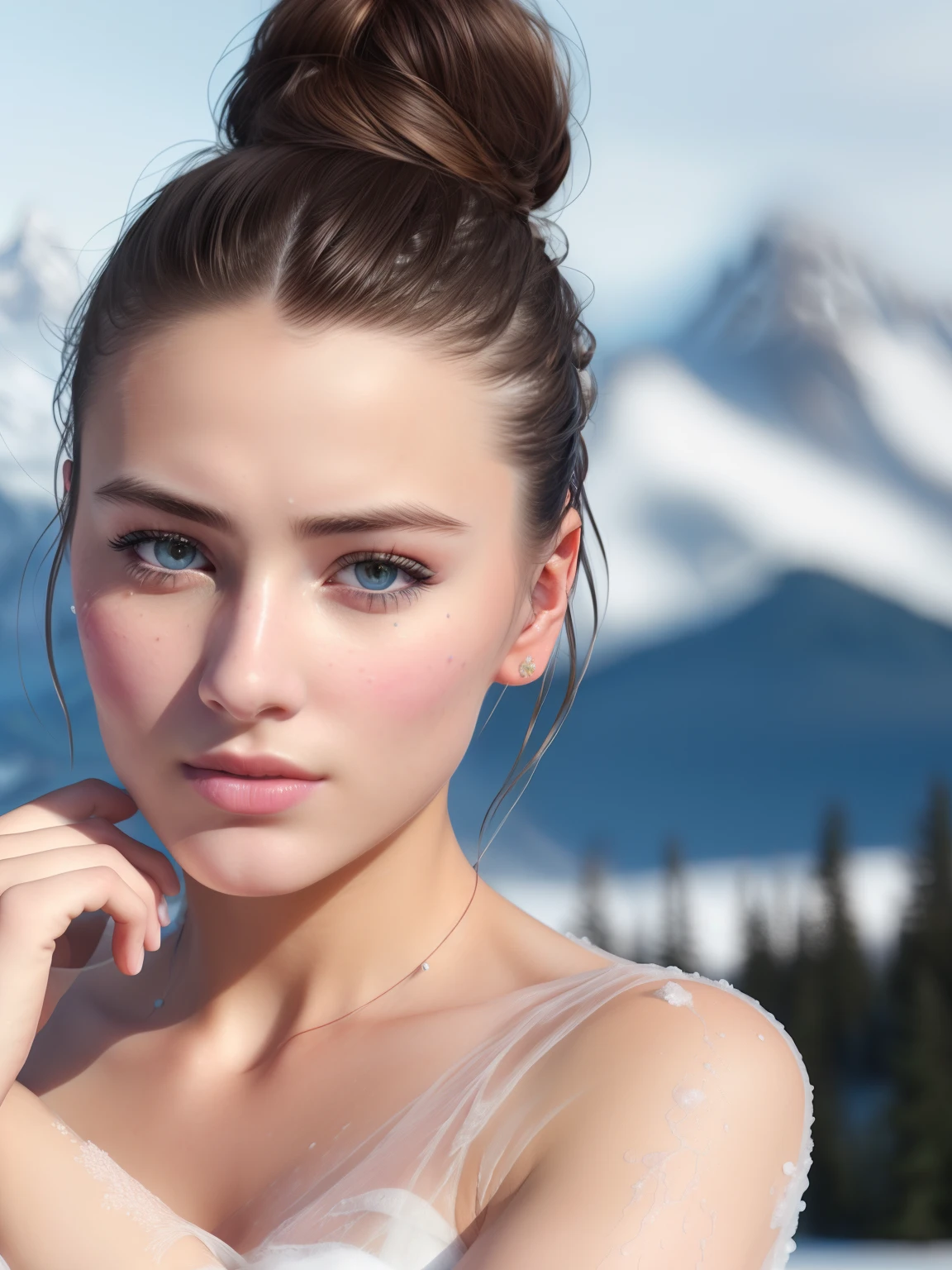 best ratio four finger and one thumb, attractive stunning Ukrainian woman, (messy bun),  skin pores, behind glacial mountains, snow, (high detailed skin:1.1), film grain, Fujifilm XT3, (high detailed face:1.1), (soothing tones:1.25), (hdr:1.25), (artstation:1.2), dramatic, (intricate details:1.14), (hyperrealistic 3d render:1.16), (filmic:0.55), (rutkowski:1.1), (faded:1.3), ((partially exposed nipples))