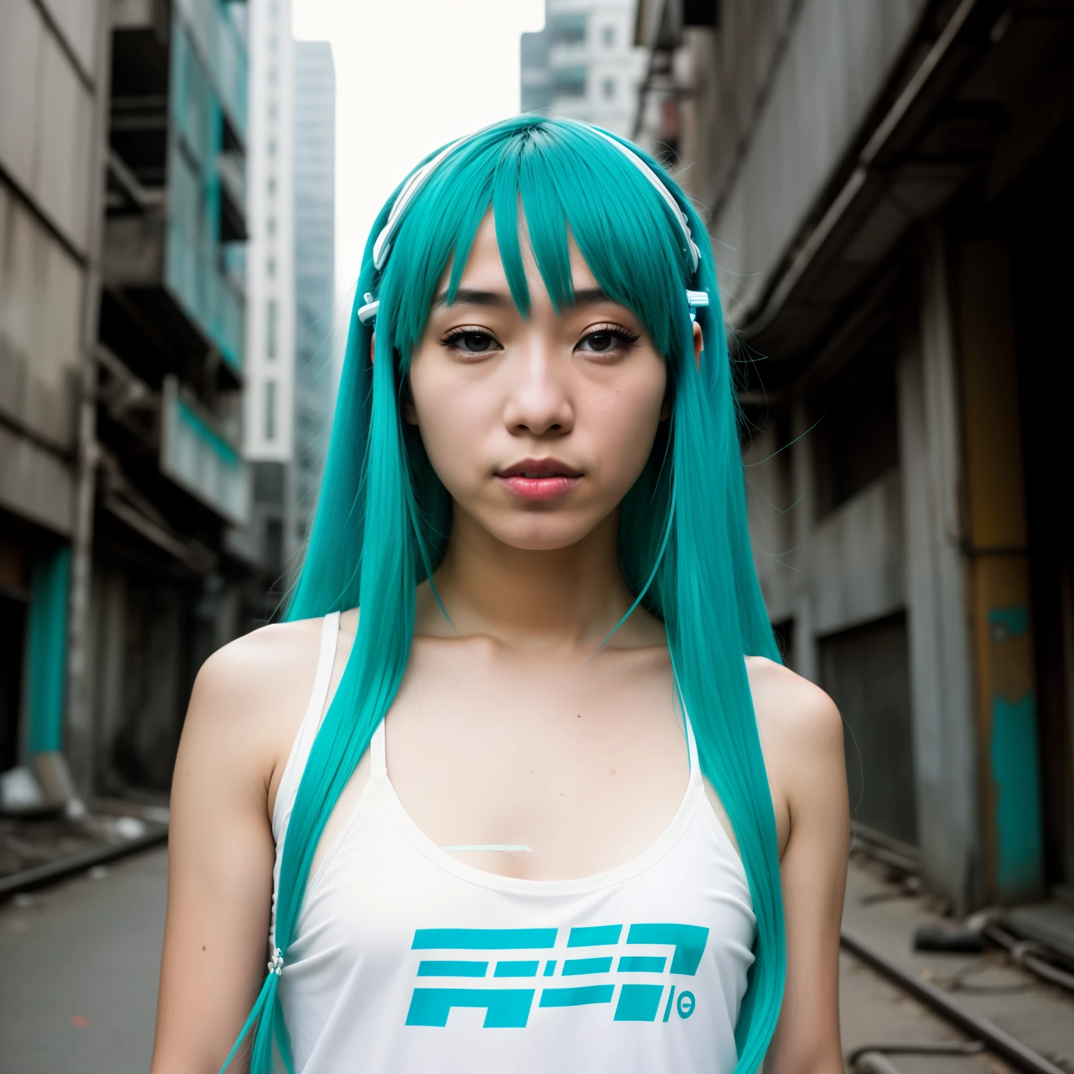 1990s film photo of Hatsune Miku,cyberpunk,asian street,RAW photo, a close up portrait photo of brutal 45 y.o man in wastelander clothes, long haircut, pale skin, slim body, background is city ruins, (high detailed skin:1.2), 8k uhd, dslr, soft lighting, high quality, film grain, Fujifilm XT3