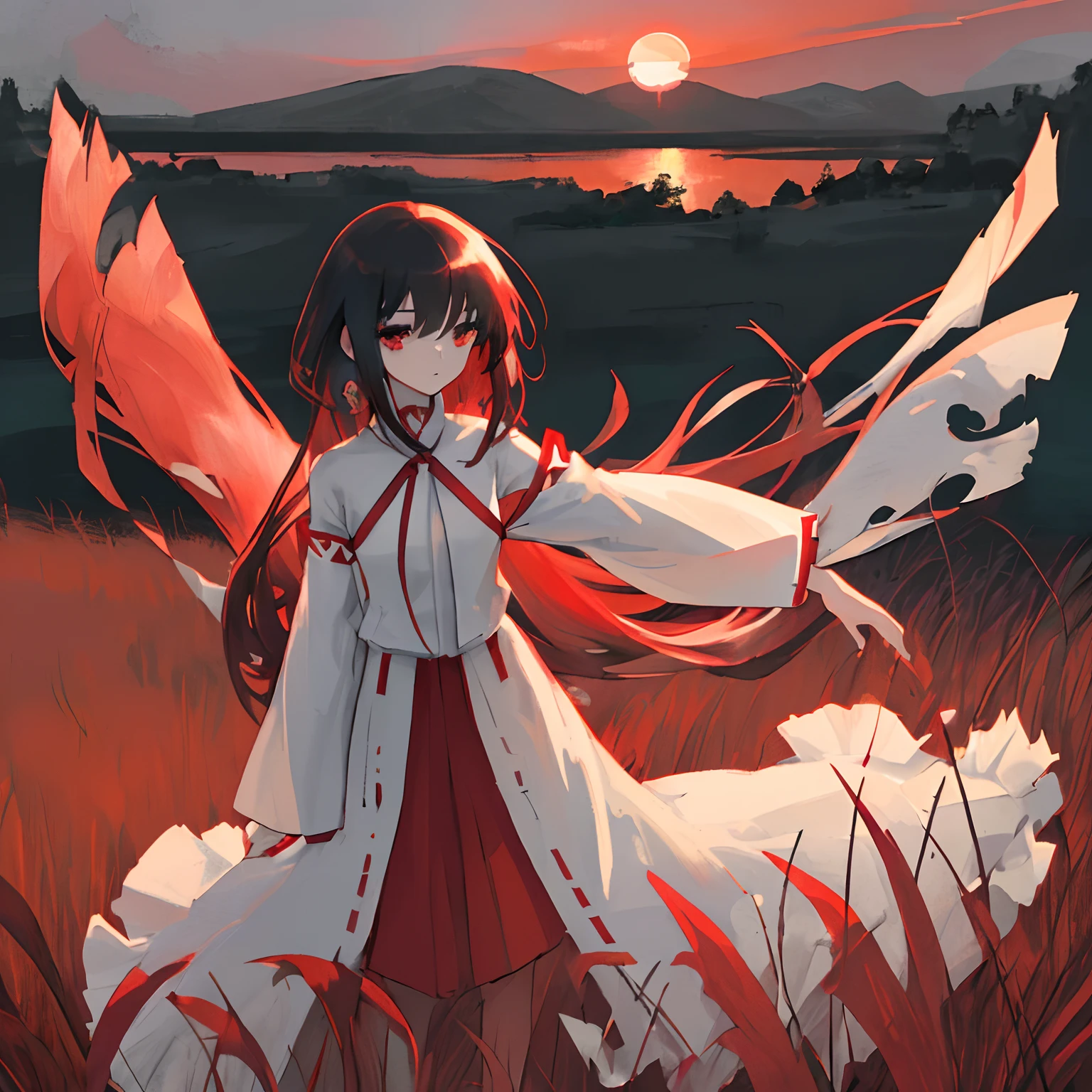 ((masterpiece,best quality,official art,extremely detailed CG unity 8k wallpaper)),illustration,landscape,solo,1girl,bishojo,beautiful detailed eyes, looking at viewer,,,1girl,solo, female_character, 17_years_old,(long hair), (long neck), (long body), slender_figure, long_miko_outfit, faded_red_and_white_long_miko_outfit, black_hair, black_eyes, grass_field, sunset_lake
(black and red)