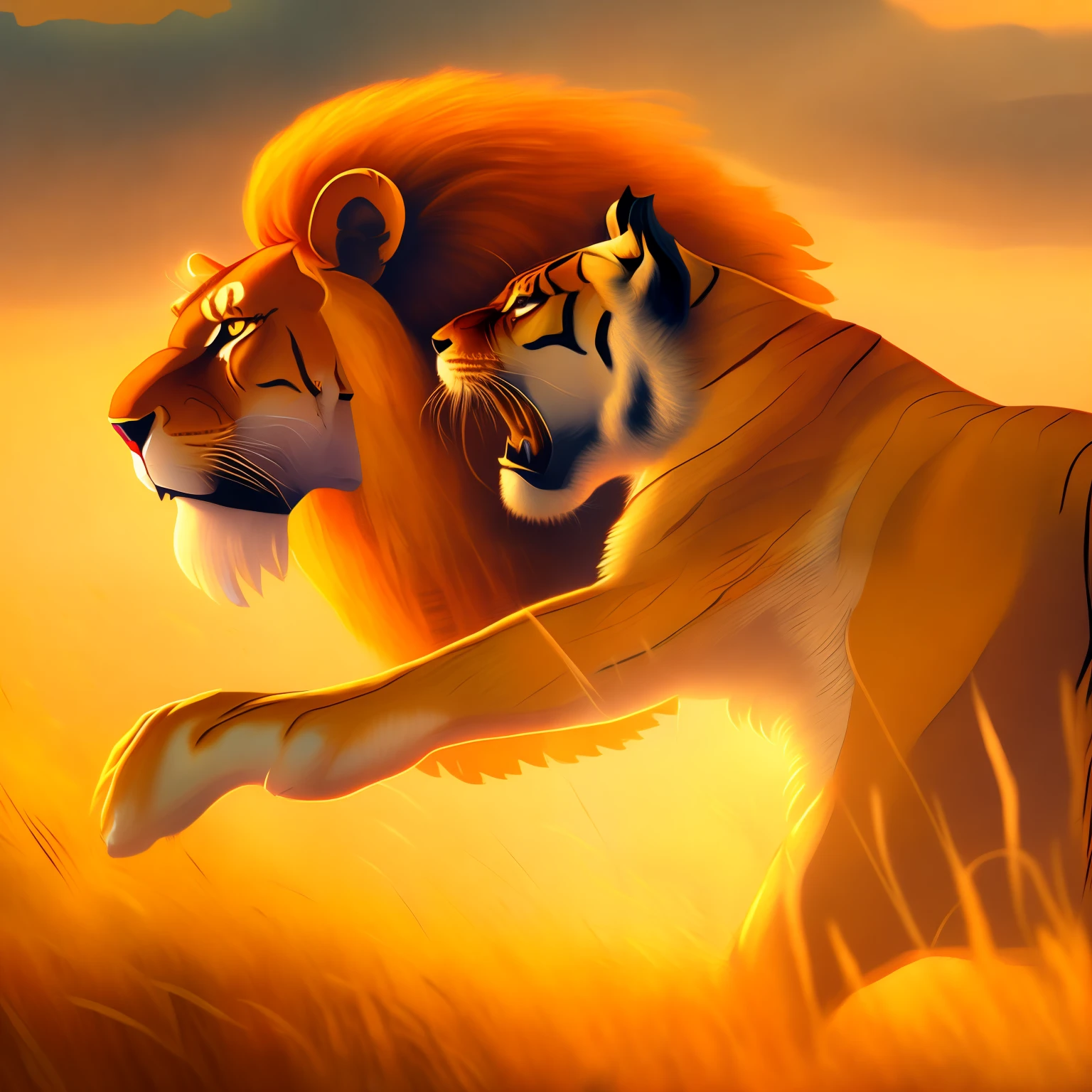 A painting of a lion and a tiger in a fierce battle on the grassland, in the style of The Lion King, sunset, (furry :1.2), bokeh, backlit, octane, unreal, epic composition, best quality, 8K