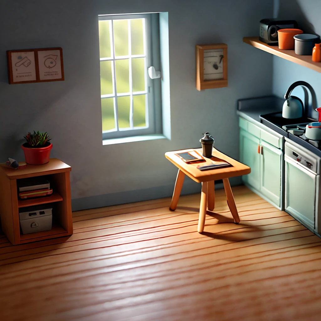 （Pixar style),A model of a cozy small room, miniature figure model, light source from right to left, Rumbrandt lighting, light source from right to left, (isometric view), (top-down), realistic scale, post-processing, ((orthogonal perspective)), super detail, realistic, super realistic, realistic render