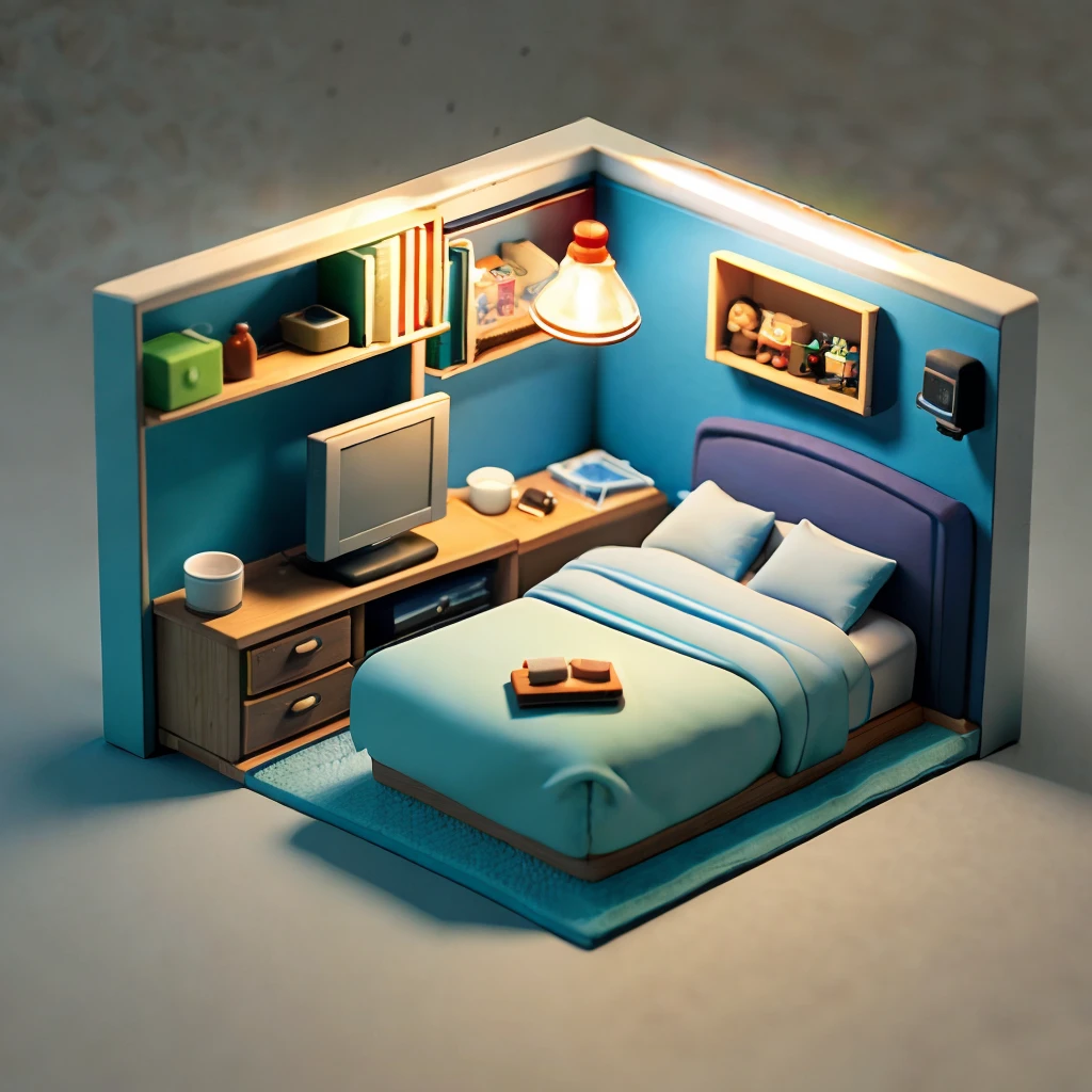 (Pixar style),A model of a cozy small room, miniature figure model, light source from right to left, Rumbrandt lighting, light source from right to left, (isometric view), (top-down), realistic scale, post-processing, ((orthogonal perspective)), super detail, realistic, super realistic, realistic render