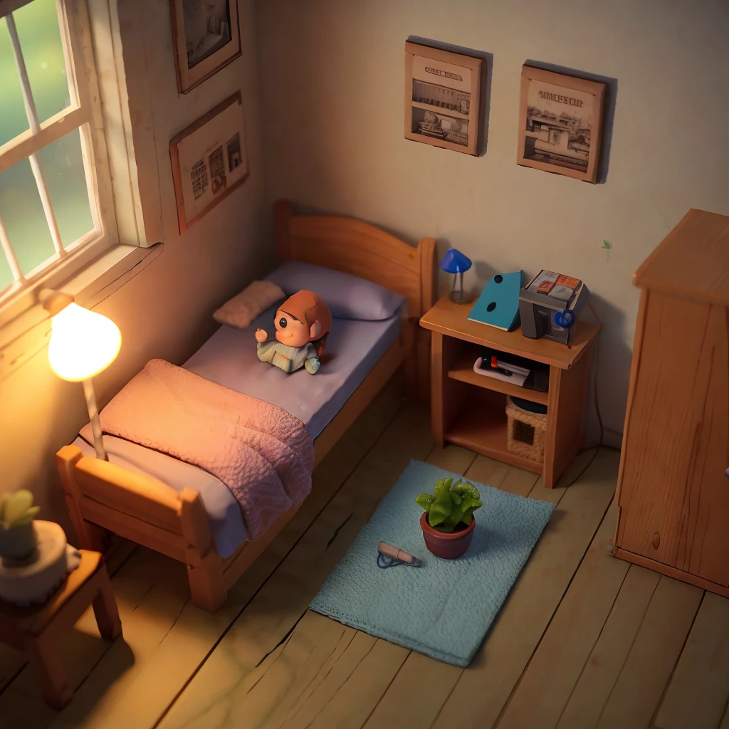 (Pixar style),A model of a cozy small room, miniature figure model, light source from right to left, Rumbrandt lighting, light source from right to left, (isometric view), (top-down), realistic scale, post-processing, ((orthogonal perspective)), super detail, realistic, super realistic, blender render